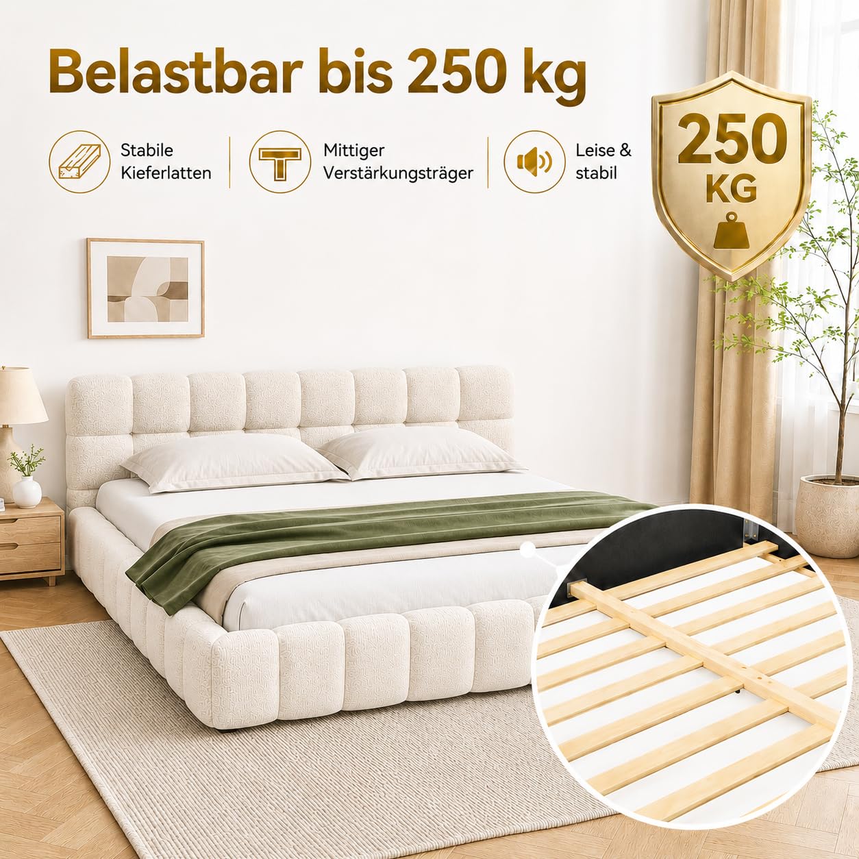 Cama tapizada Bubble de matrimonio (160 x 200 cm, incluye somier y respaldo suave), cama baja para jóvenes, estructura de cama de lino, sin colchón (Beige, 160 * 200)