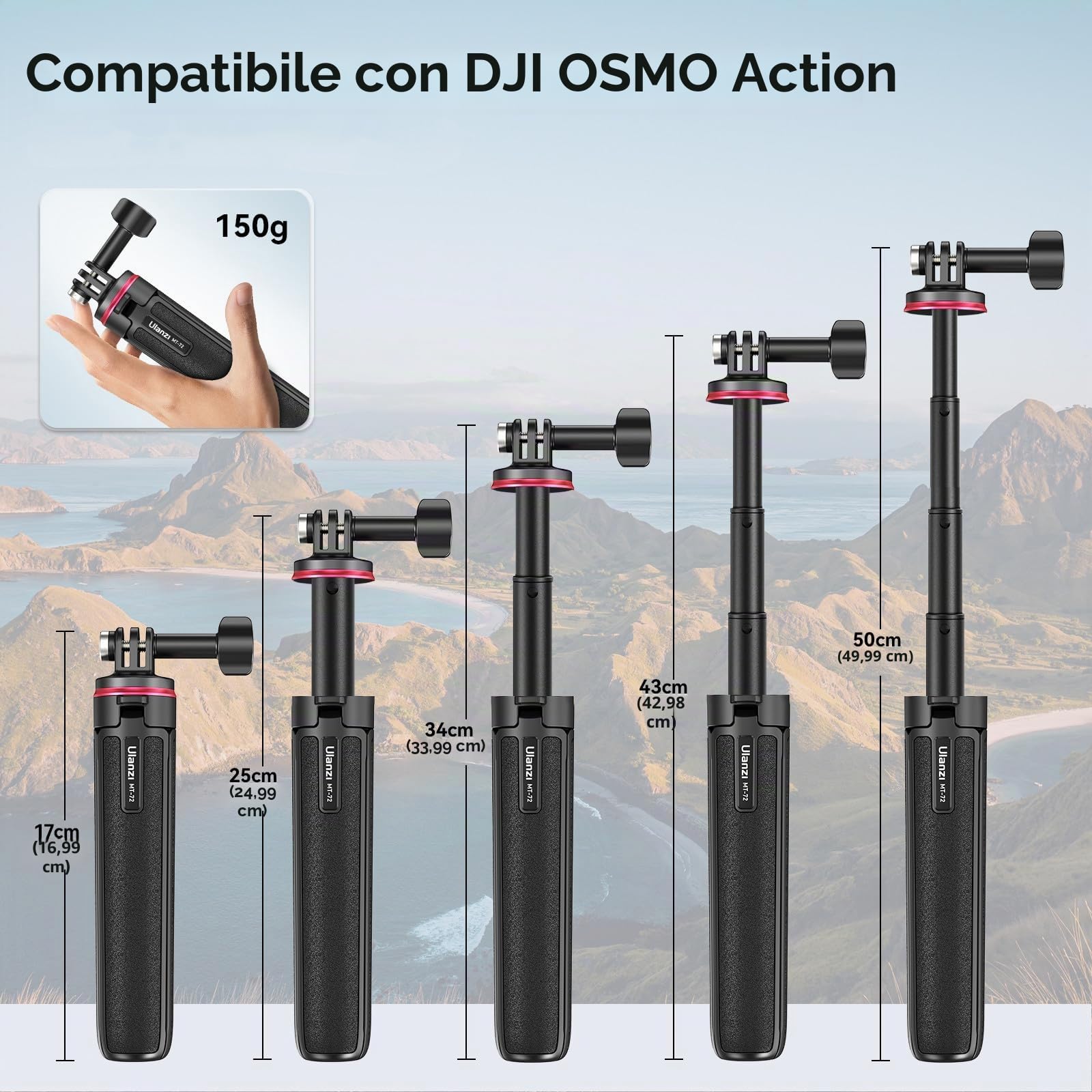 51CM Mini Treppiede per, ULANZI MT-72 Treppiede Portatile da Viaggio con Asta Di Estensione a 4 Pezzi, Mini Treppiede Selfie Stick per Dji Osmo Action Camera