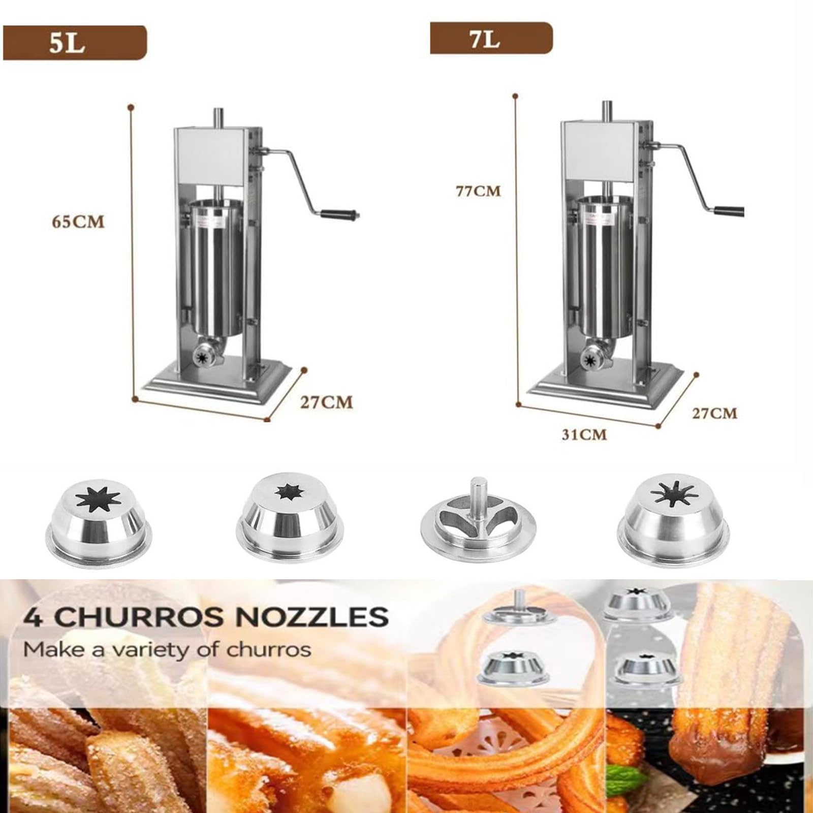 Churros Maszyna do robienia pączków, ręczna pionowa stal nierdzewna z 4 dyszami, pojemność 5 l / 7 l do pączków i hiszpańskich churros, zastosowanie komercyjne, łatwa obsługa