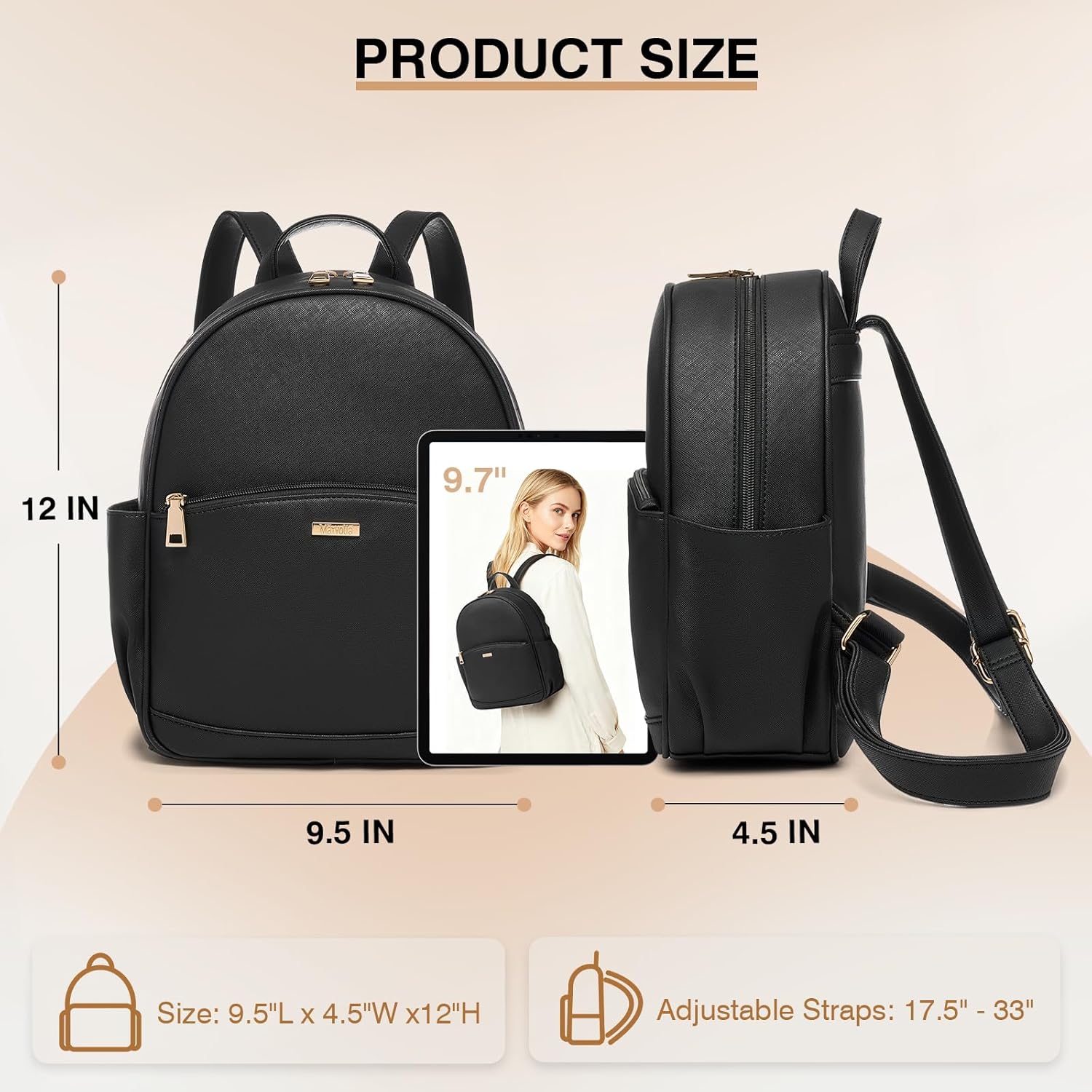 Marvolia Mini Backpack for Women - Leather Backpack Cute Backpacks with Multiple Pockets for Travel College Work - Black - Image 2