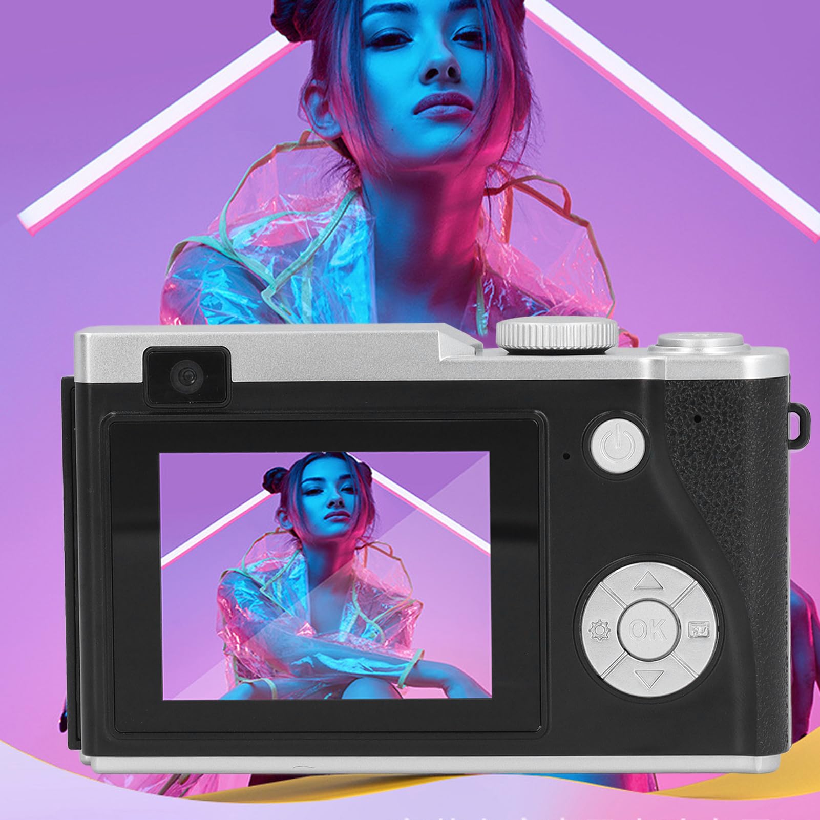 Elprico Cámara digital retro de 48 MP 1080P, zoom 16x fija, compacta para viajes (negro)