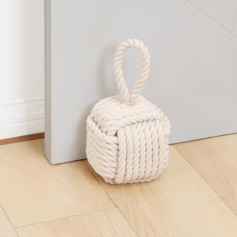 Optish Topes decorativos para puertas interiores estándar, bonito diseño de nudo de cuerda, tope de puerta con peso para el hogar y la escuela, color beige