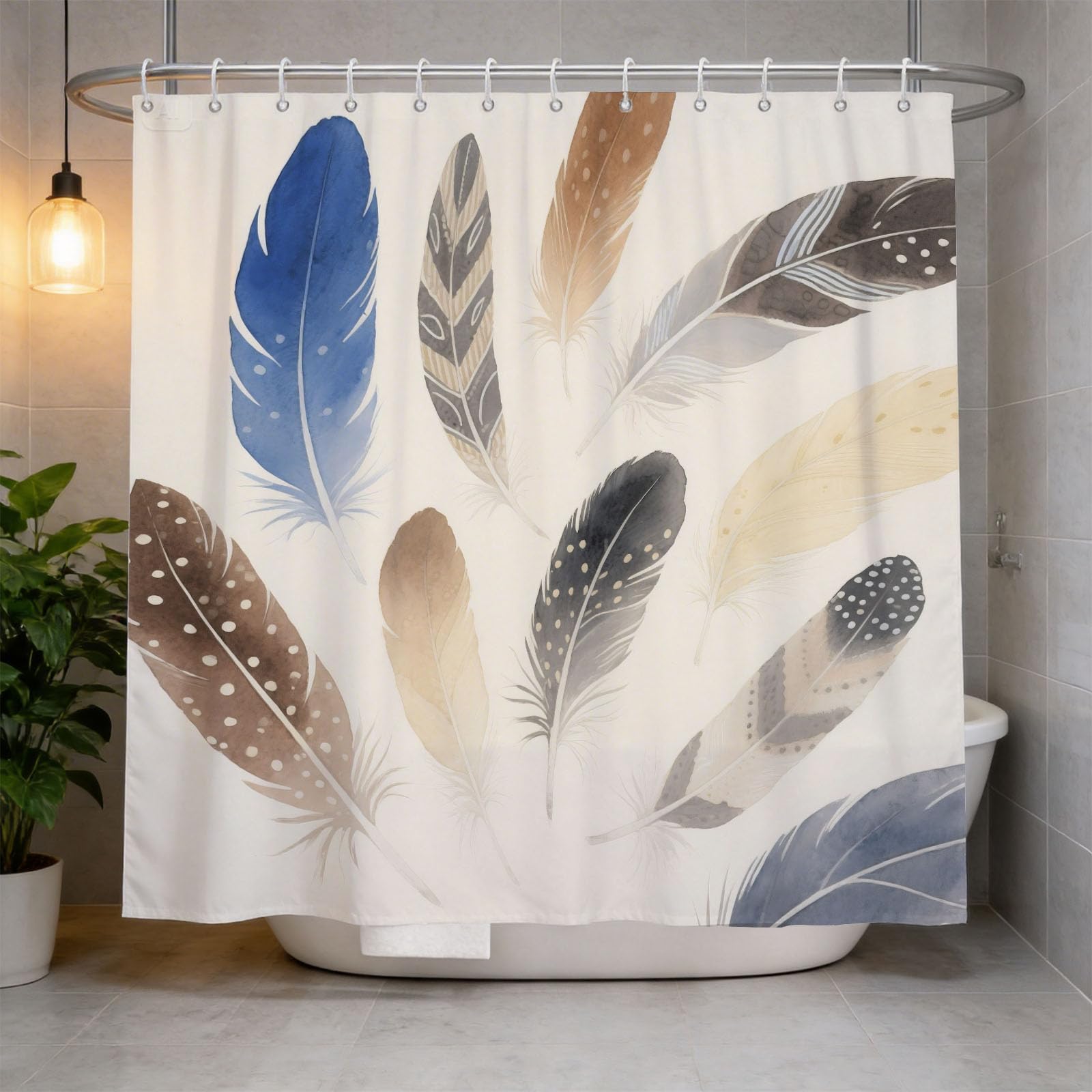 Hongduo 3D Watercolor Feather Shower Curtain for Stalls Bathtubs Cartoon Bathroom Decor Shower Curtain Set Polyester Fabric Waterproof 120x180cm/48X71 Inch with Hooks