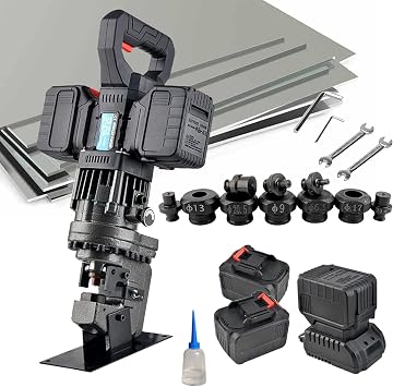 1500W Cordless Hydraulic Hole Puncher, Electric Hydraulic Hole Punching Tool- Angle Steel Punching Machine - Metal Hole Punch for Iron Aluminum, with 5 Dies, Electro-Hydraulic Drilling Machine