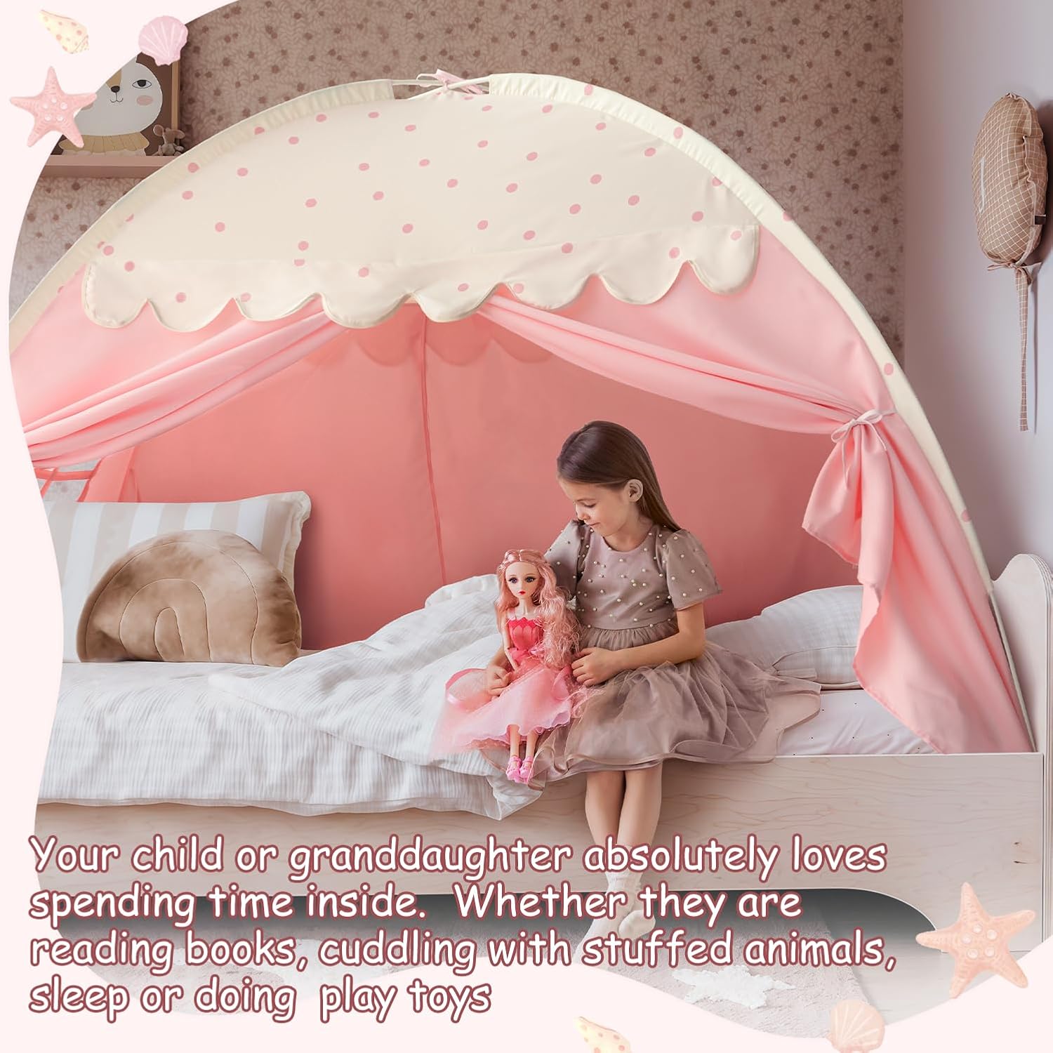 Sherilyn Twin Bed Canopy Tent Toddler, Kids Bed Canopy Indoor on Bed Privacy Space Playhouse Sleeping Blackout Twin Size Tents Bunk Bed Tent for Girl Birthday House Gift, Pink Polka Dot