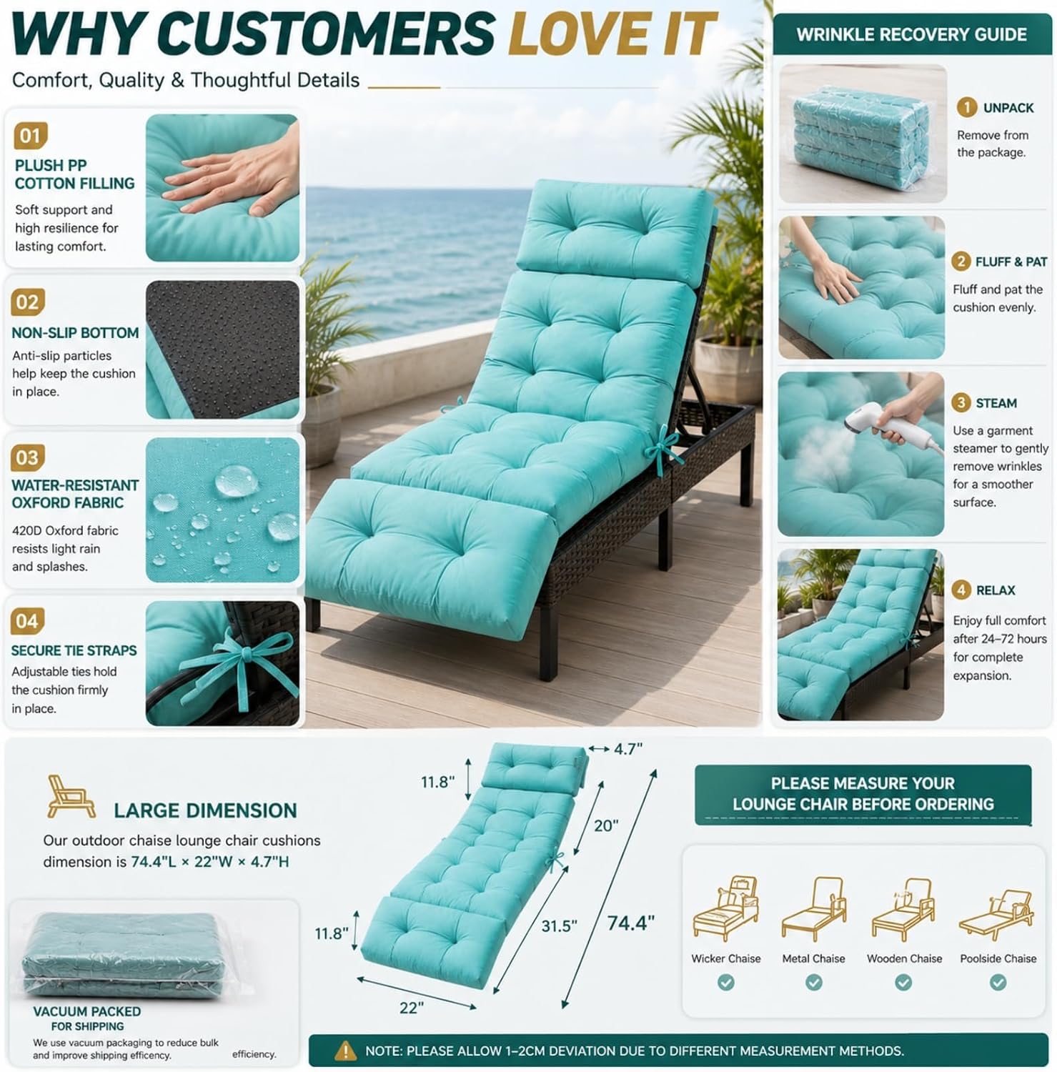 Outdoor Chaise Lounge Cushion, Waterproof 74.4x22x4.7 Inch Thick Cotton Filled Patio Lounge Chair Cushion with Ties, Replacement for Pool Lawn Balcony Furniture, Lake Blue (Cushion ONLY) thumbnail
