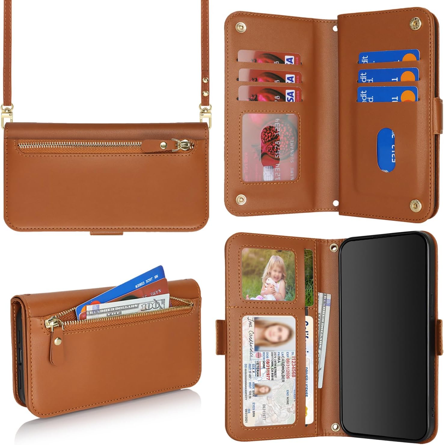 for iPhone 13 Pro Max Wallet Case for Women,for iPhone 12 Pro Max Case with Strap Crossbody Lanyard,PU Leather Shockproof Card Holder Stand Zipper Pocket Flip Phone Case-Brown