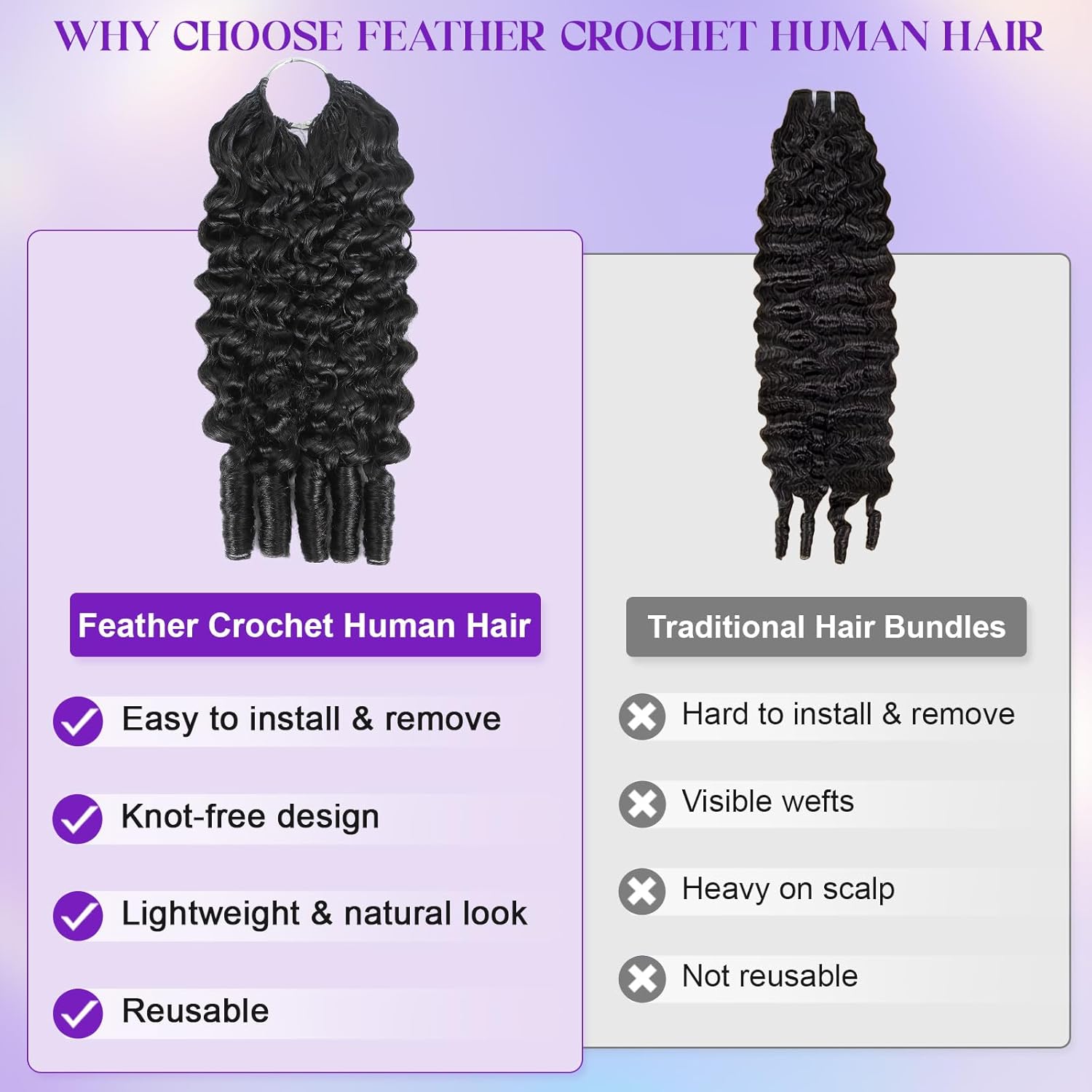 Feather Crochet Human Hair Burmese Curly Crochet Hair for Black Women Knotless Pre-Separated Lightweight Miracle Knots Crochet Human Hair 100% Real Human Hair Bundles Soft Reusable 18inch 60g