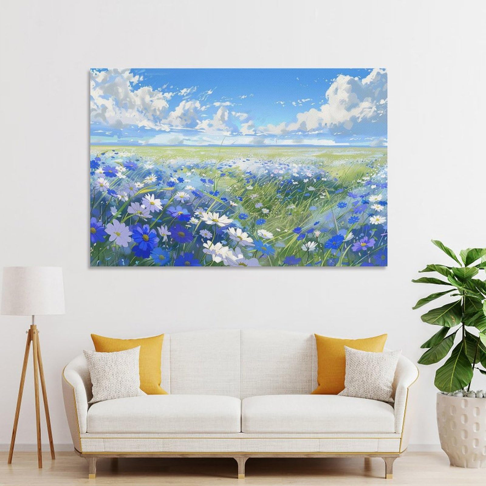 Amazon.co.jp: 絵画 青空の下の青い花畑 アートパネル ポスター 魅力的
