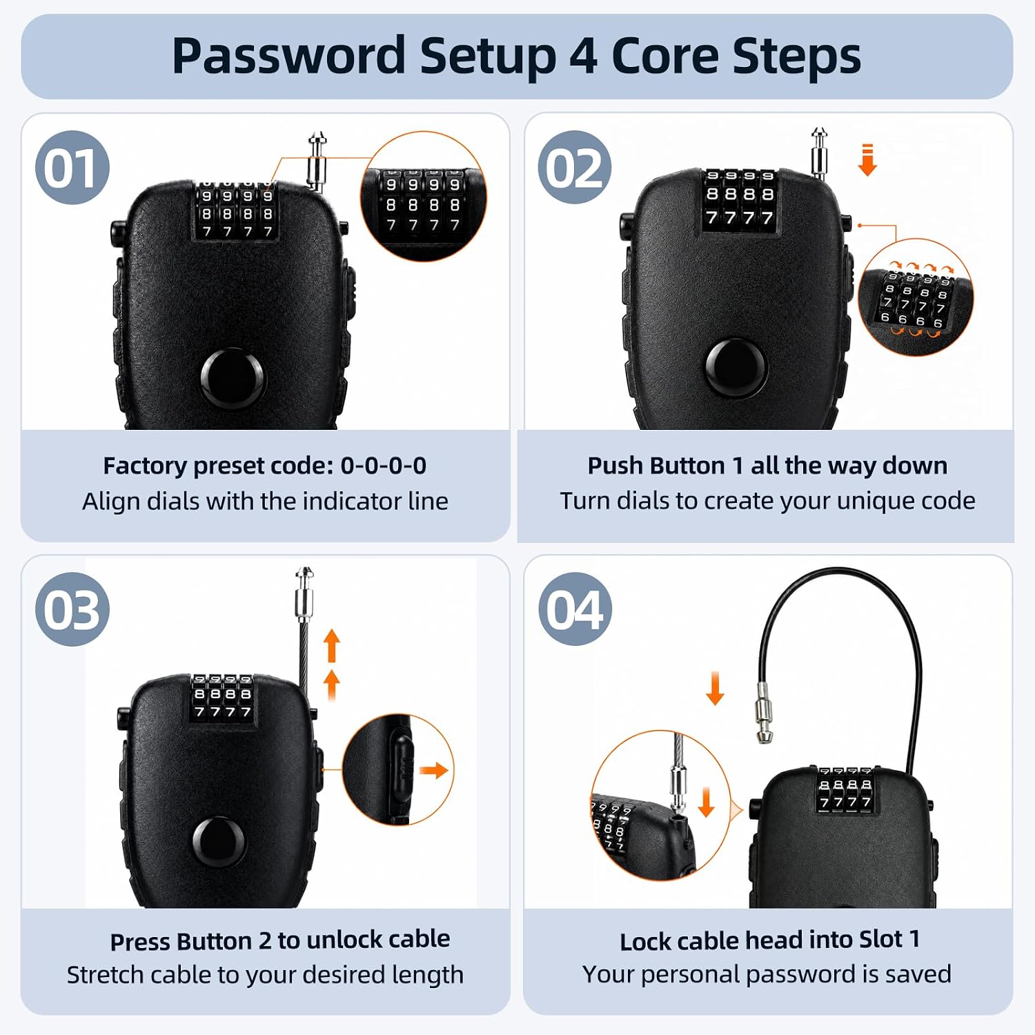 Motorcycle Helmet Lock, 4 Digit Combination 27.5 Inch Retractable Cable Lock for Snowboard, Bike Luggage Backpack Scooter Suitcase Ski, Small Multi-Function Secure Lock for Travel, Black