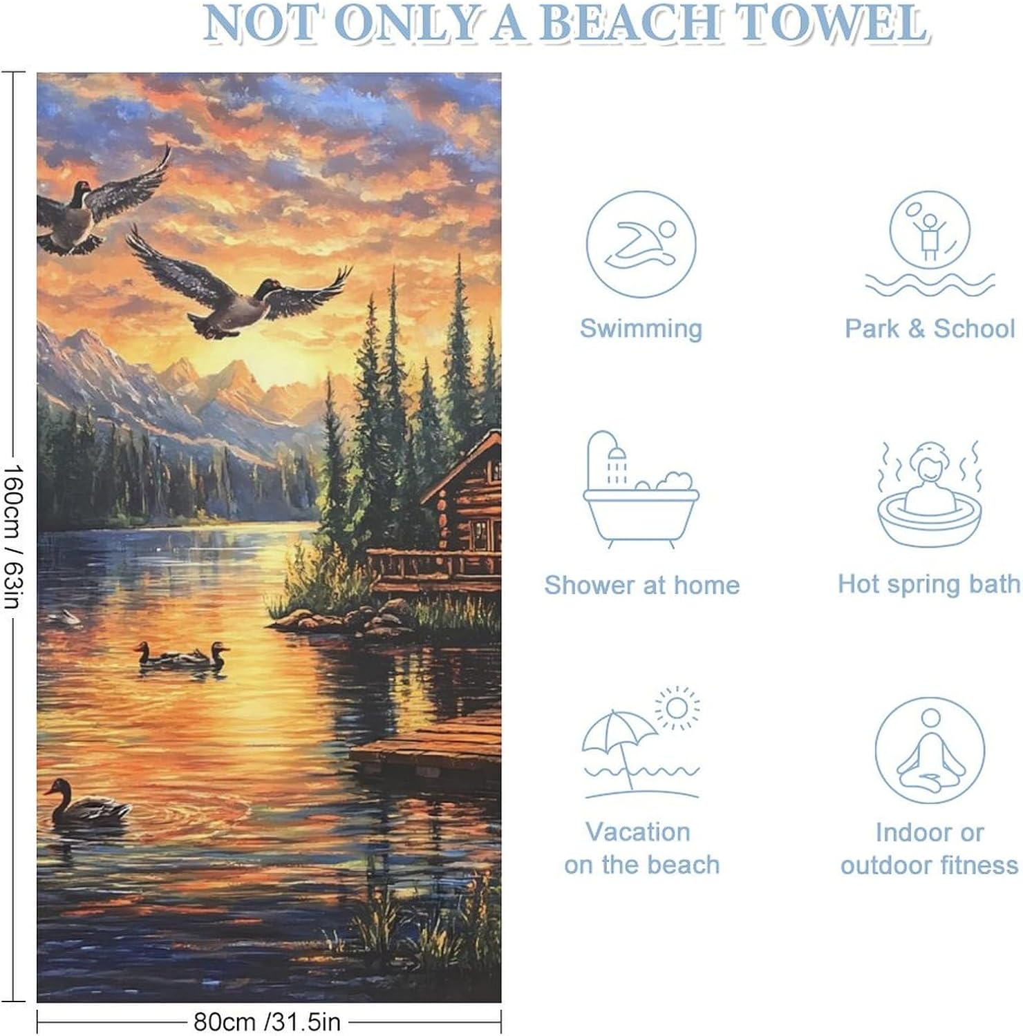 Mountain Sunset Wooden House Ducks Beach Towels Oversized Jumbo Large Yoga Bath Towel for Pool Yoga Swim Body 160x80cm