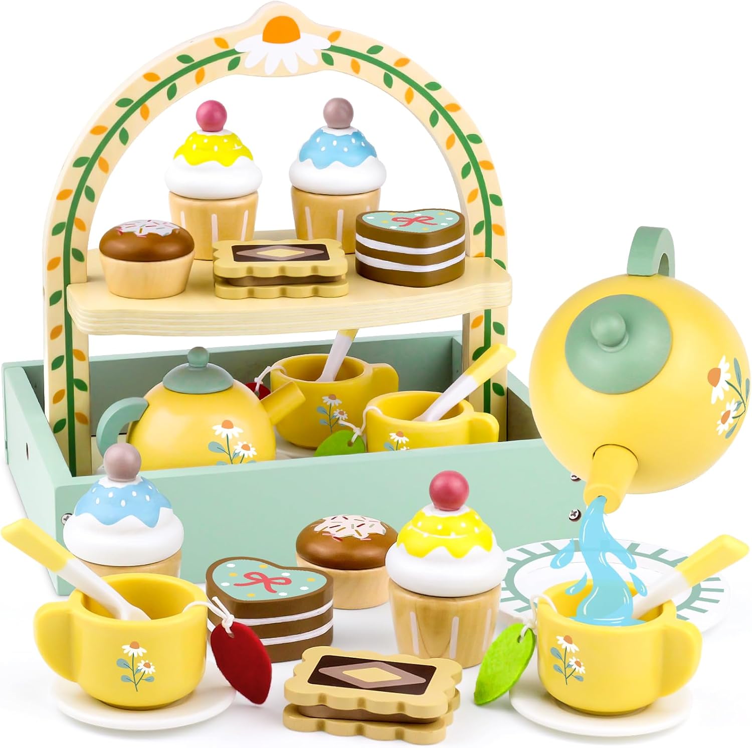 Wooden Tea Sets for Little Girls Play Food Cake Toys Toddlers 3-5 Kitchen Accessories Pretend Play Princess Playset for 3 4 5 6 Year Old Girl Boy Party Birthday Gift