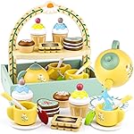 Wooden Tea Sets for Little Girls Play Food Cake Toys Toddlers 3-5 Kitchen Accessories Pretend Play Princess Playset for 3 4 5 6 Year Old Girl Boy Party Birthday Gift