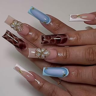 Square Press on Nails Long Fake Nails Blue and Brown Artificial Nail Gold Charm Designs Floral Stick on Nail for Women 24pcs