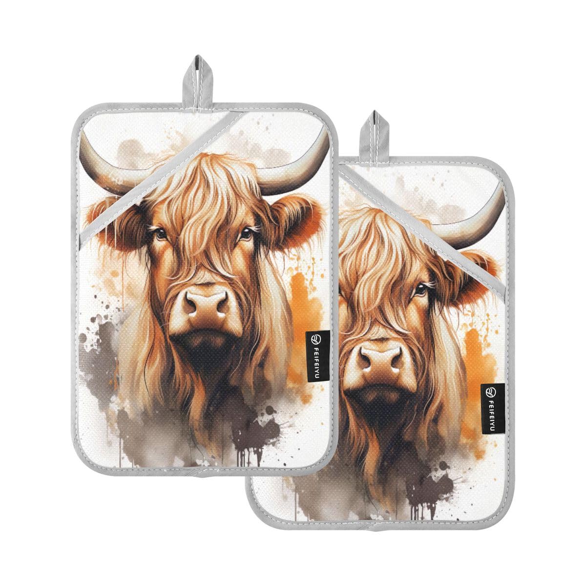 Jumbear A 2Pcs Cute Highland Cow Pot Holder Set With Pocket For Kitchen,Heat Resistant Potholder Kitchen Oven Mitts Hot Pads Trivet For Baking Cooking 7''X9''