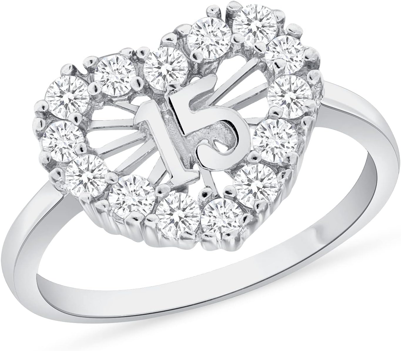 Jewelry by Debbie 925 Sterling Silver Sweet 15 Cz Quinceanera Heart Ring Rhodium Plated Nickel Free