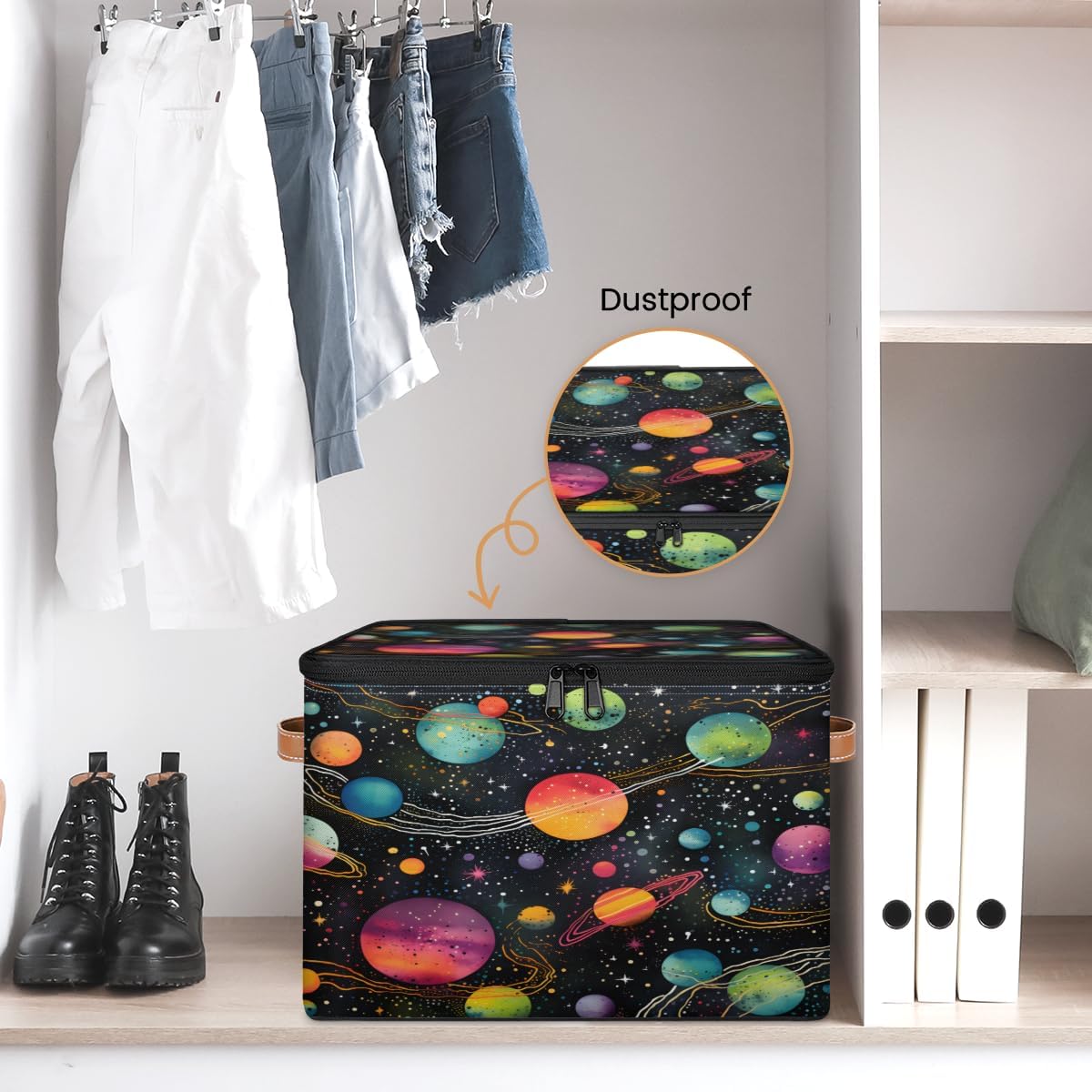Storage Bin Set of 2 Colorful Planets Storage Basket with Zipper Lid & Handle Foldable Closet Shelf 2 Pack Cloth Organizer Basket Cube Bins Clothes Organizer for Nursery, Bedroom