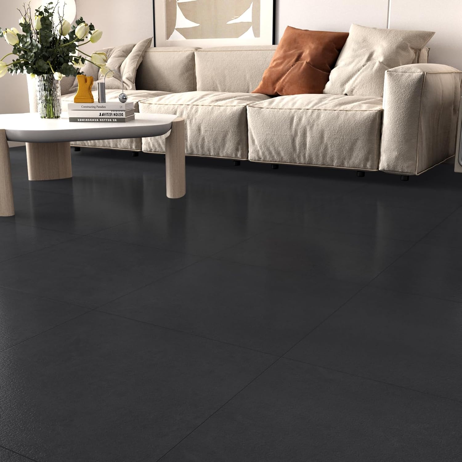 WESTICK 20 Pcs Black Floor Tiles Peel and Stick Waterproof Bathroom Peel and Stick Floor Tile Renter Friendly Vinyl Flooring Self Adhesive Kitchen Laminate Flooring for Bedroom Laundry Room 12" x 12"