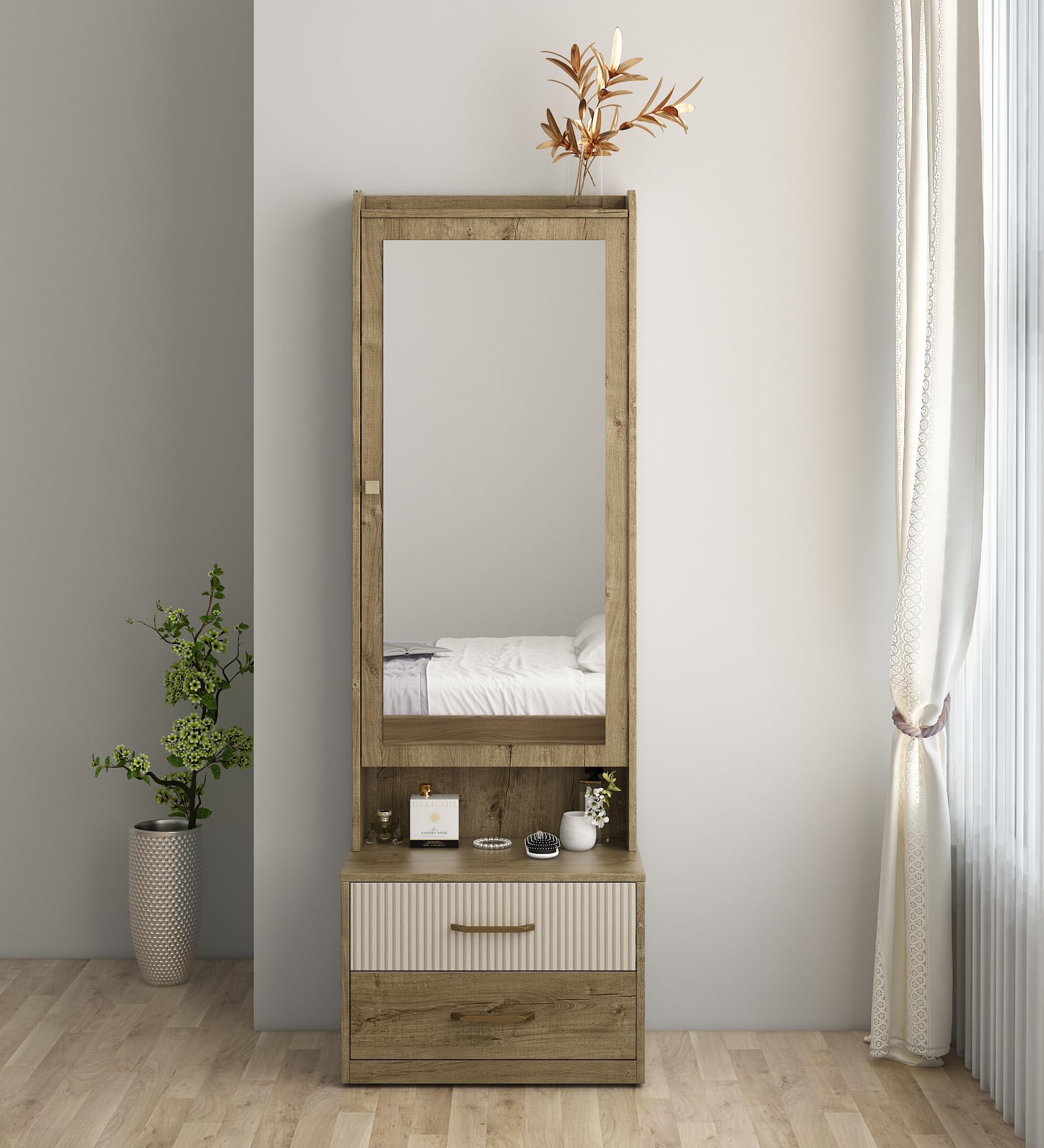 Spacewood Dressing Table | Gloria | 3 Year Warranty | 5 Shelves & 2 Drawer, 1 Shutter Storage with Mirror, Vanity Table for Bedroom, Living Room, and Home| Engineered Wood | Sebastain Oak-picture-17