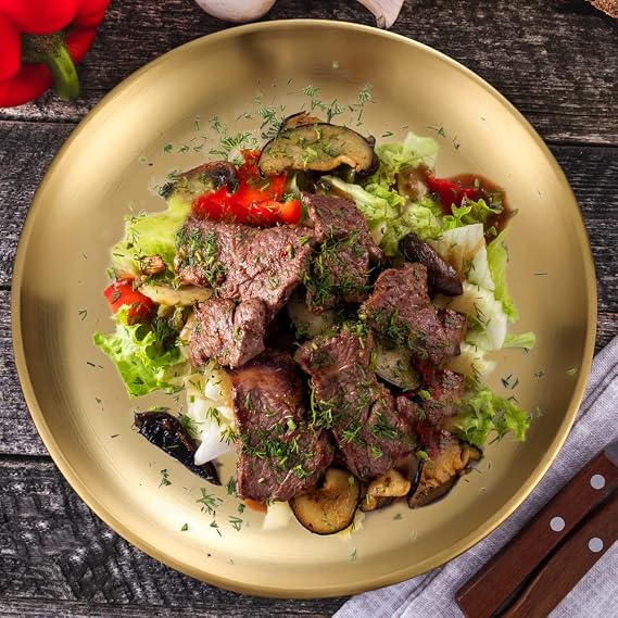 2 Pieces 10.2 Inch Stainless Steel Dinner Plates, Stainless Steel Plates, Metal Dinner Dishes for Steak Salad, Stainless Steel Camping Outdoor Plate(Gold, 26cm)