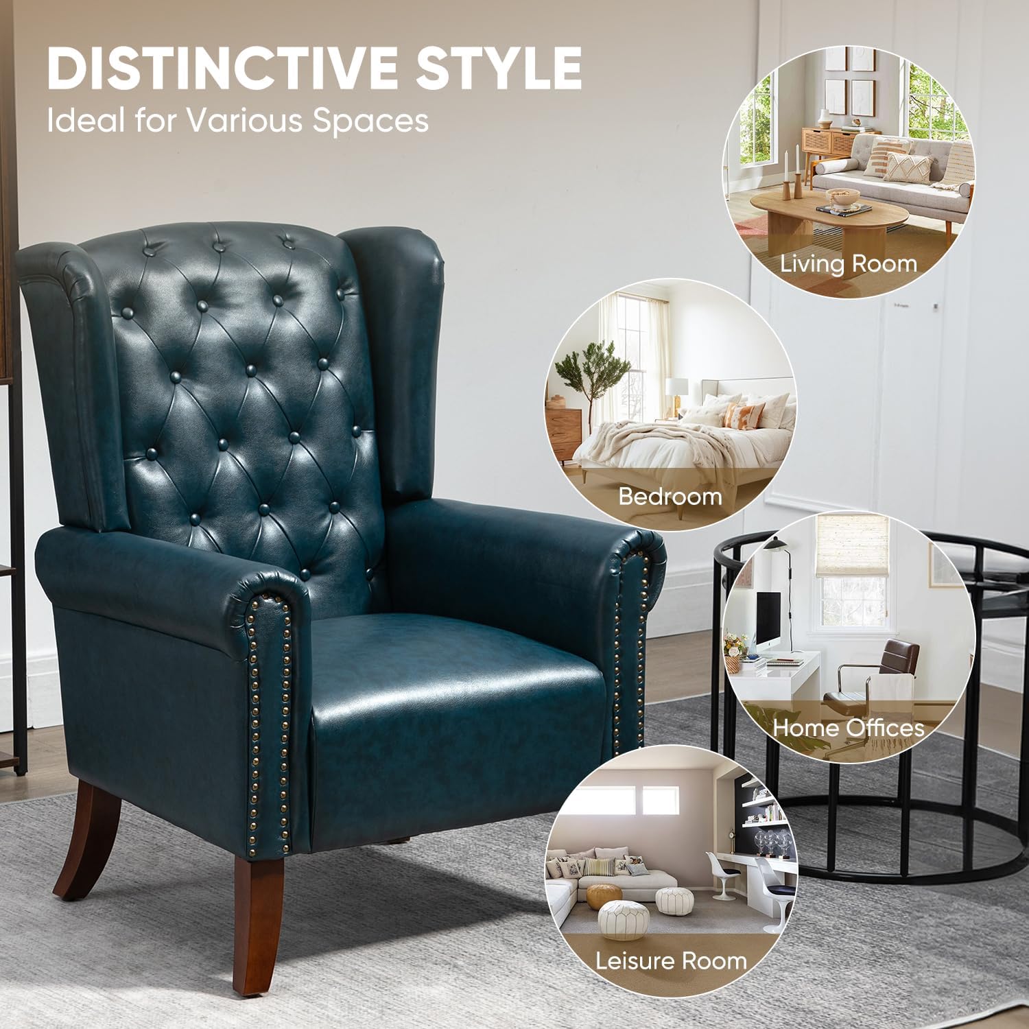 MOJAY Modern PU Leather Accent Chairs Set of 2, Mid-Century Living Room Chairs Upholstered Club Arm Chair, Single Sofa Chair with Solid Wooden Legs for Bedroom Study Home Office Reception (DarkBlue)