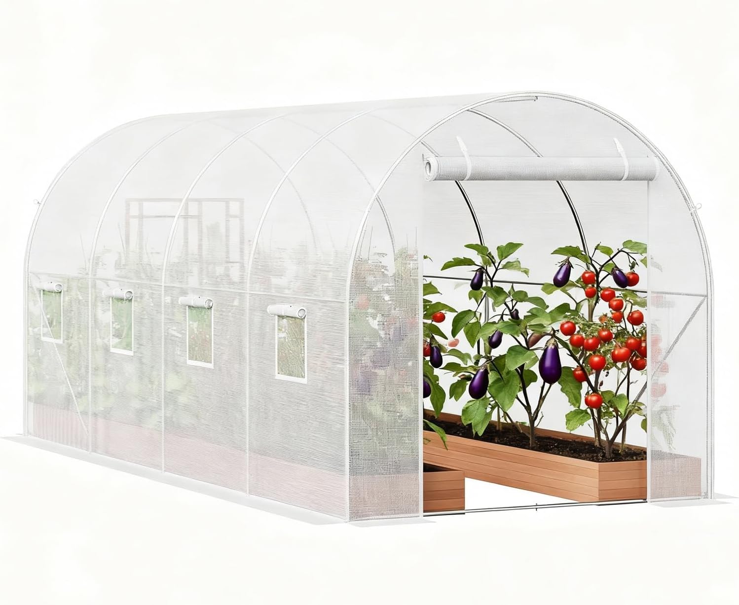 Large Walk-in Tunnel Greenhouse, 15x7x7 ft Heavy Duty Hoop House with 8 Screen Windows & Galvanized Steel Frame, Portable Outdoor Greenhouses for All Seasons White