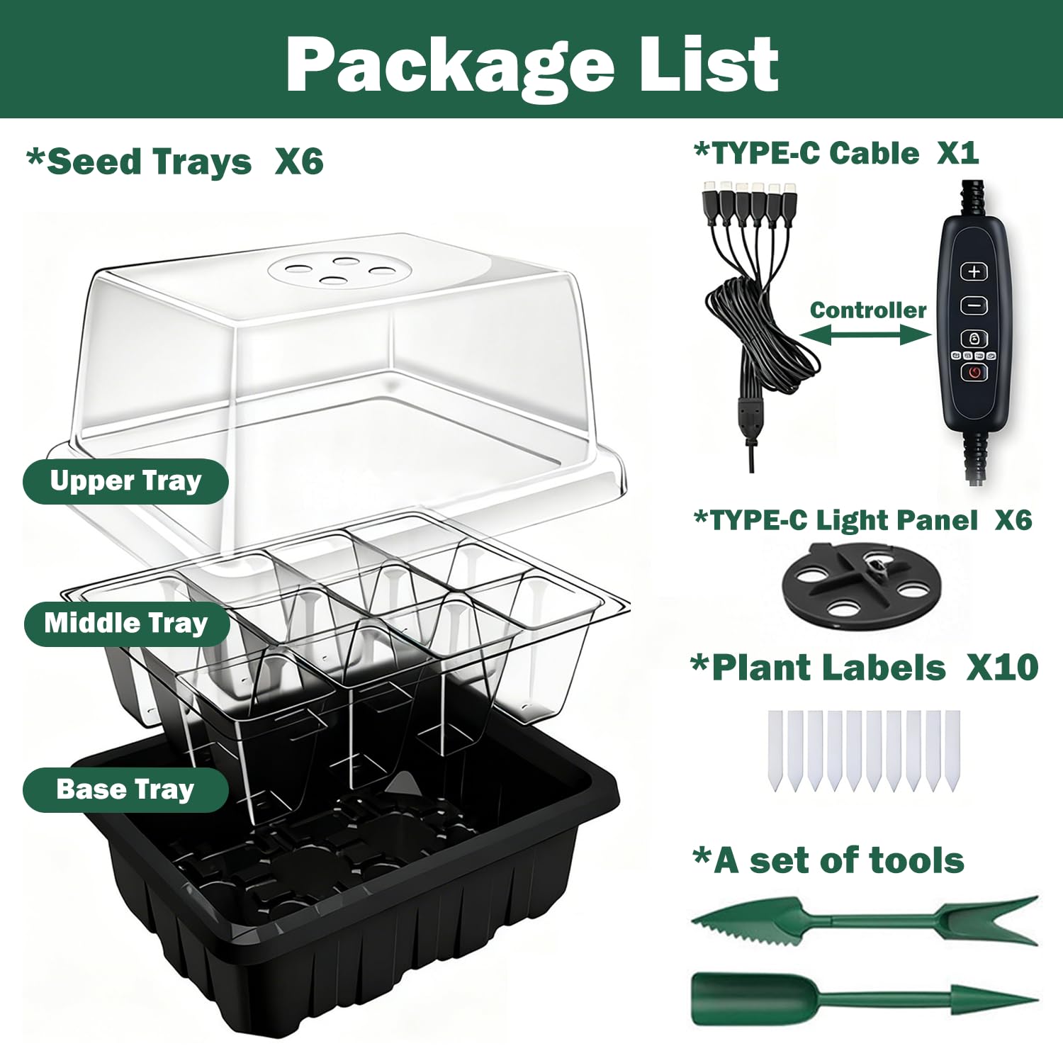 Vassoi per semi con luce crescente, mini kit di propagatore per serra per giardinaggio indoor, celle di germinazione delle piante riutilizzabili, sistema di propagazione riscaldato, confezione da 6