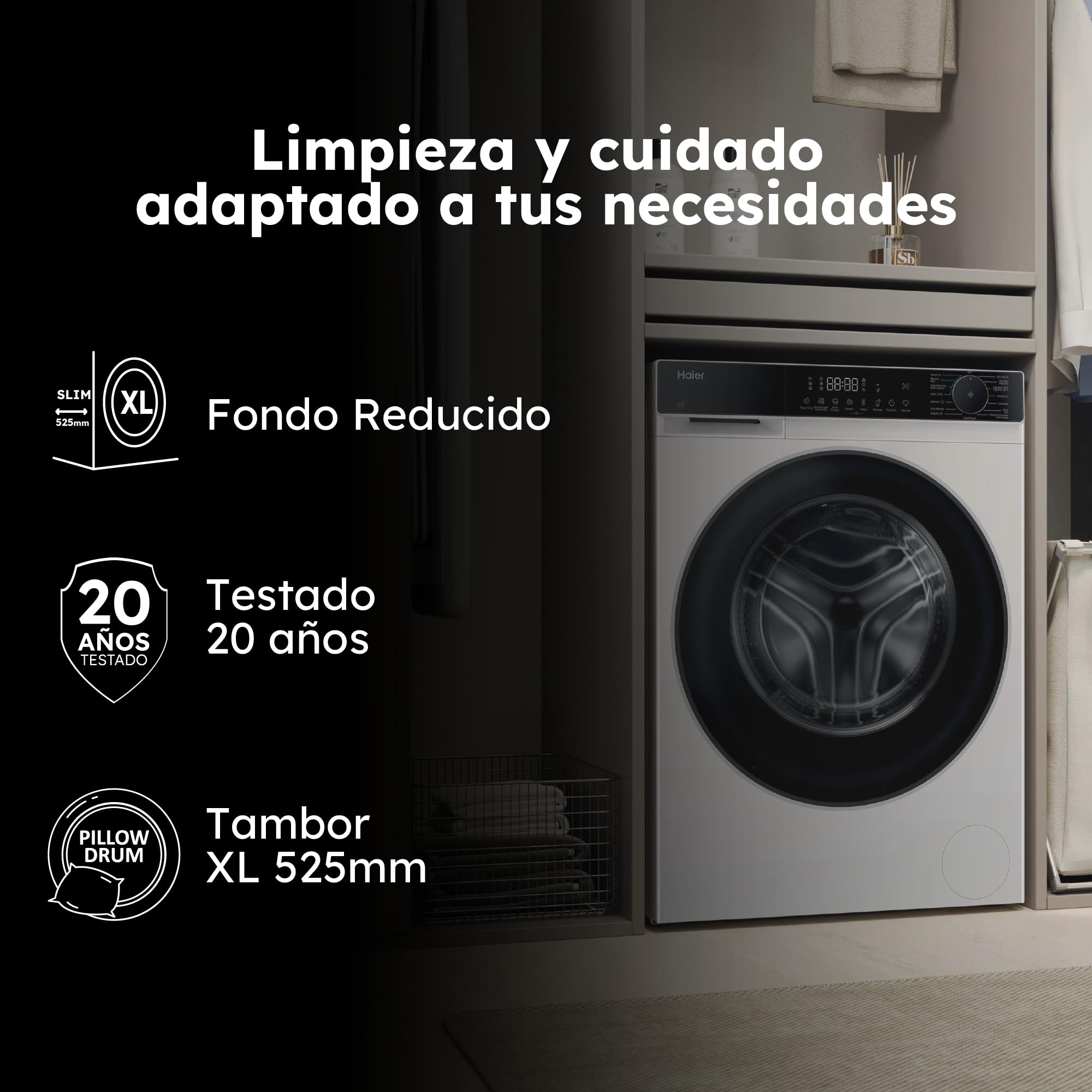 Haier X 7 HWD80BP14357TUIB Lavadora Secadora, Capacidad 8KG + 5KG, Motor Inverter, Wifi, Tecnología Antibacterias, Refresh, Inicio diferido, Detector Kg, 60cm ancho, 1400 RPM, 16 programas, Blanco — view 3