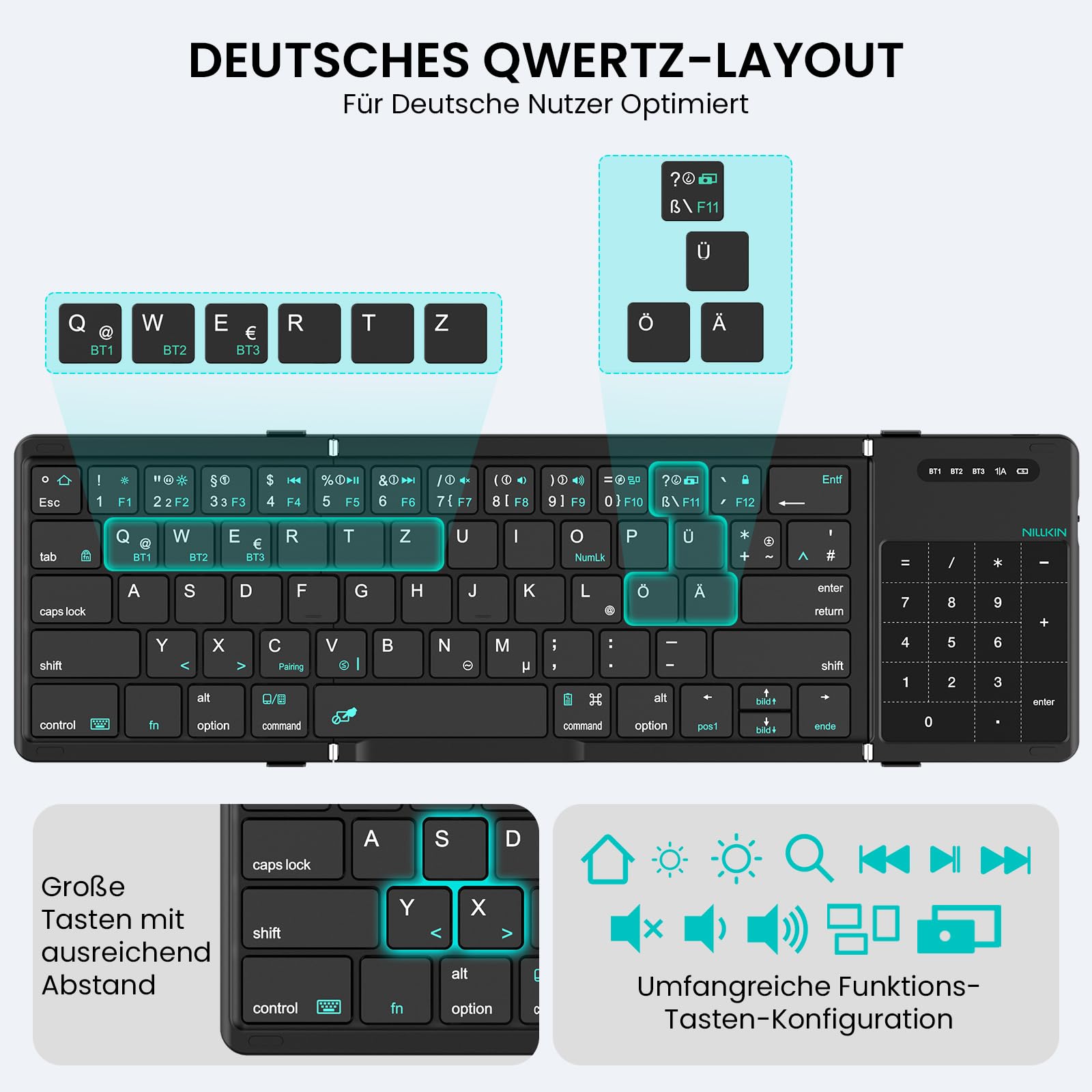 Nillkin Faltbare Bluetooth Tastatur mit Touchpad, Wiederaufladbare QWERTZ-Klapptastatur mit Ziffernblock, Tragbare Mini-Tastatur für iPad, iOS, Android und Windows Laptop & Tablet, Leder-Schwarz