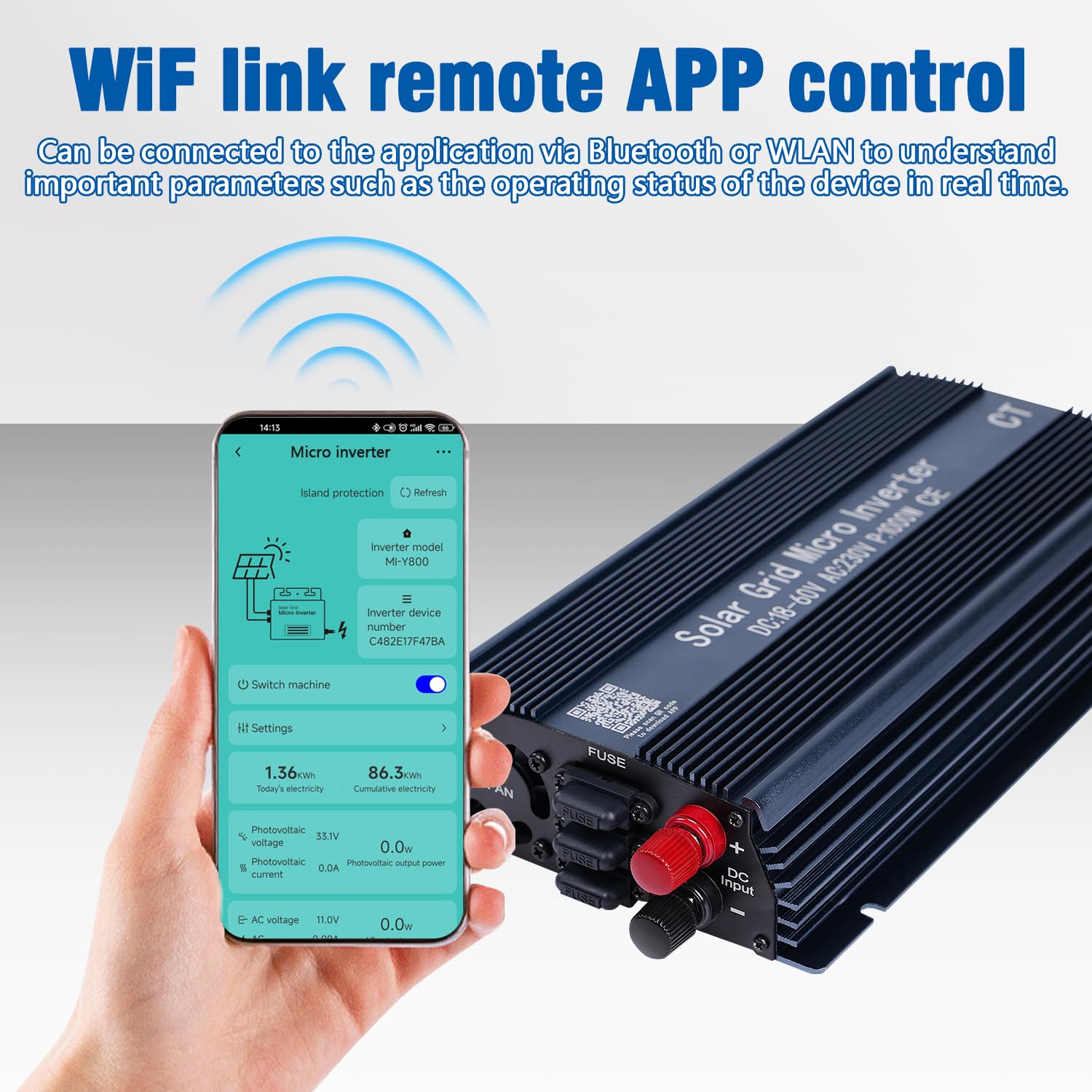 BuyWeek Grid Tie Inverter Micro inverter solare MPPT da 1000 W a onda sinusoidale pura con APP Tuya, anti-controcorrente, ingresso 22-60 V CC, uscita 230 V CA, for centrale elettrica da balcone con pa