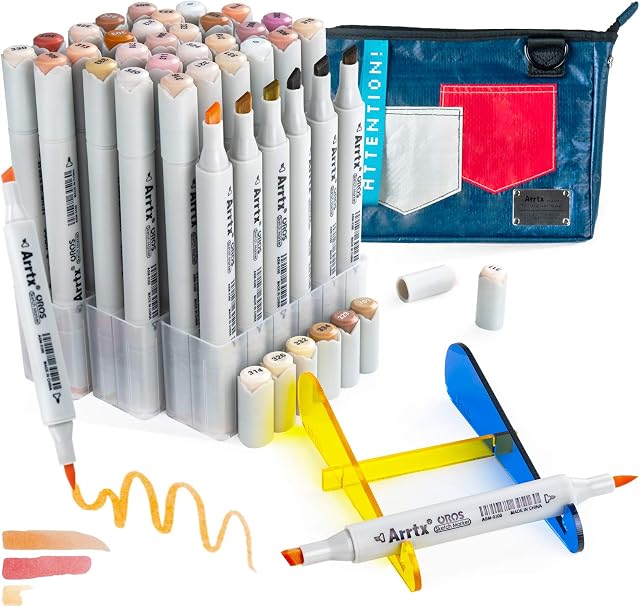 36 Skin Tone Colors Alcohol Markers, Arrtx Dual Tips Sketch Art Markers for Kids Adults' Coloring Illustration, Portable Carry Bag + 2 Colorless Blender + 3 Plastic Grids.