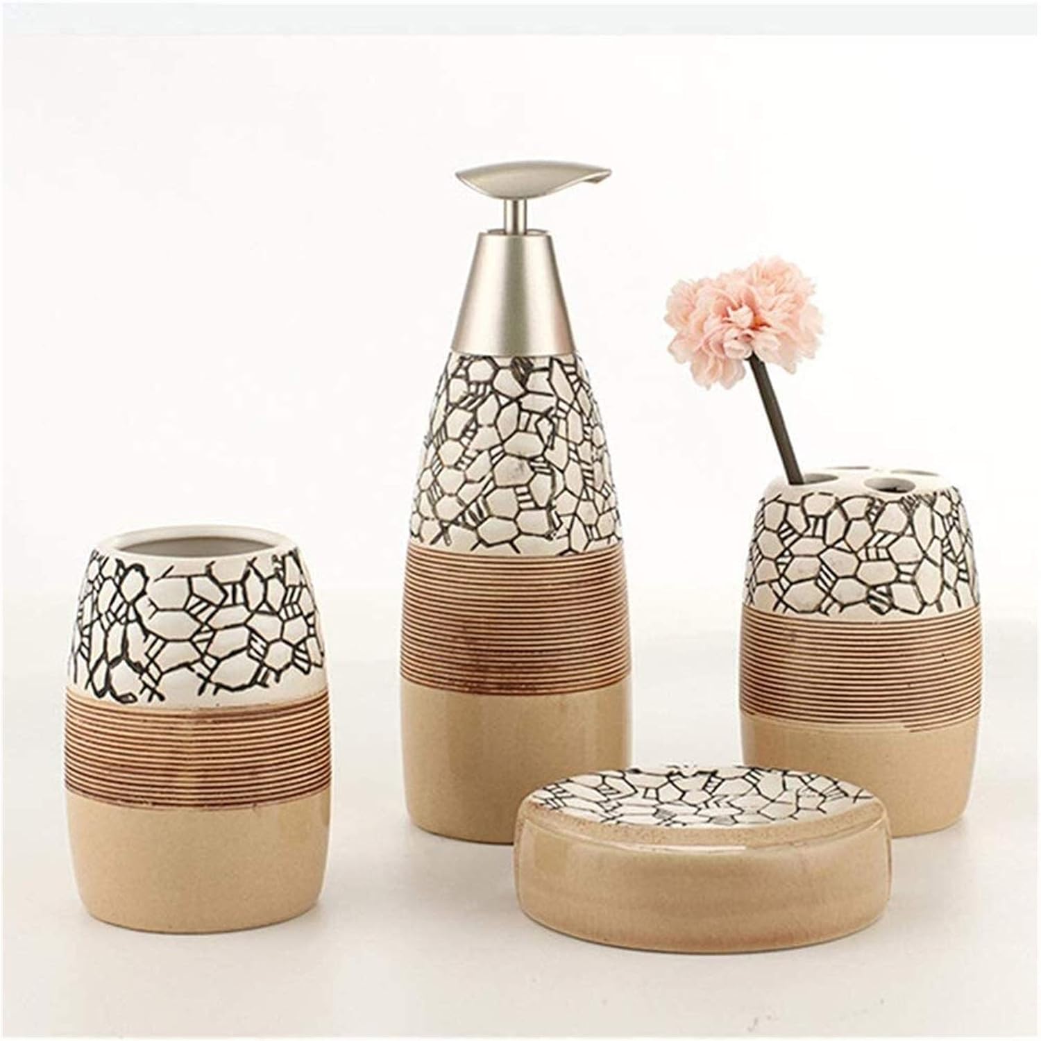 Soap Dispenser Refillable Hand Lotion Dispensers, 4 Piece Ceramic Bathroom Accessories Set - Creative Rain Stone Pattern - Bathroom Decoration with Soap Dispenser,Toothbrush Holder,Cup,Soap Box,Creati