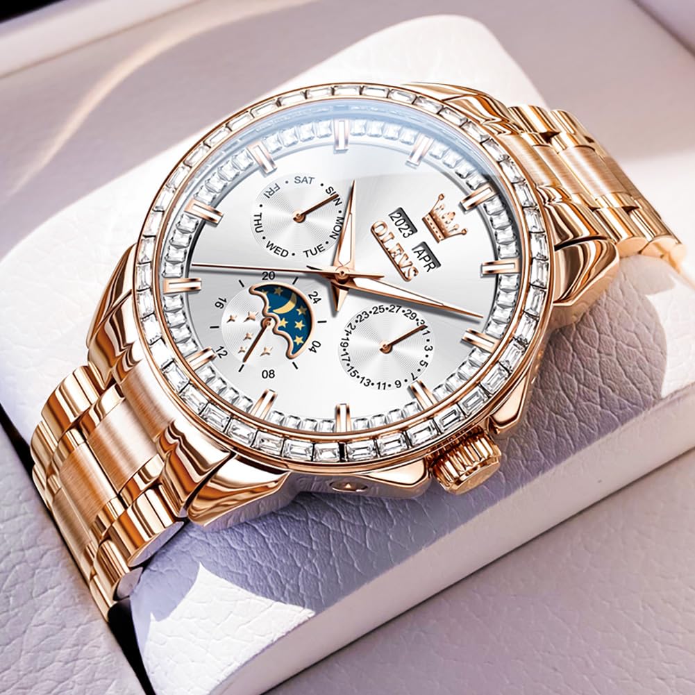 OUPINKE Herren Luxus Uhr Gold Diamant Automatik Mechanisch mit Datum Mondphase Edelstahl Leuchtend Wasserdicht Business Armbanduhr