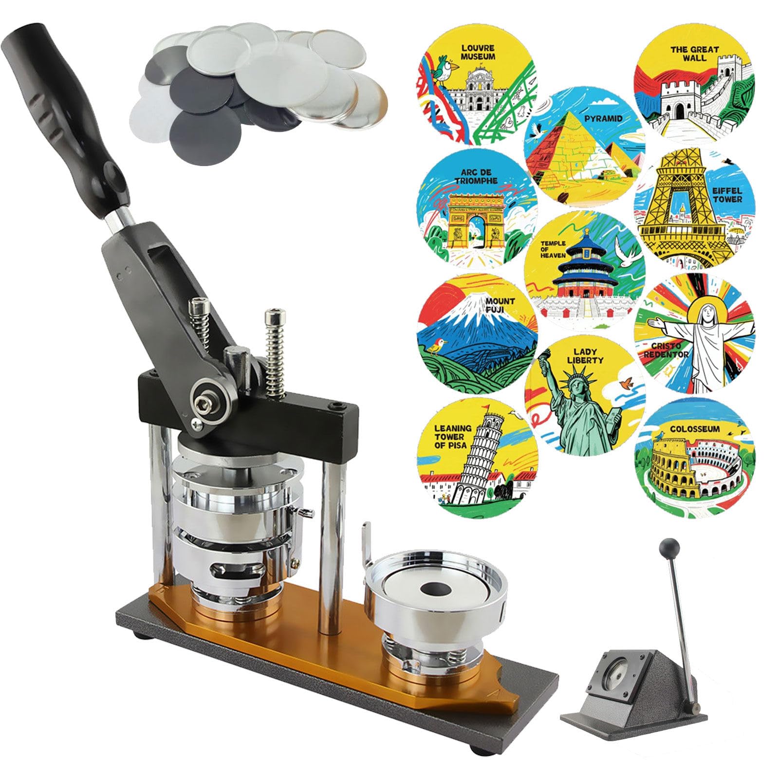 Máquina para hacer botones imantados redondos para nevera, máquina para hacer pines cuadrados metálicos para imanes de nevera, kits de prensa para chapas DIY con 100 sets de suministros. 58mm