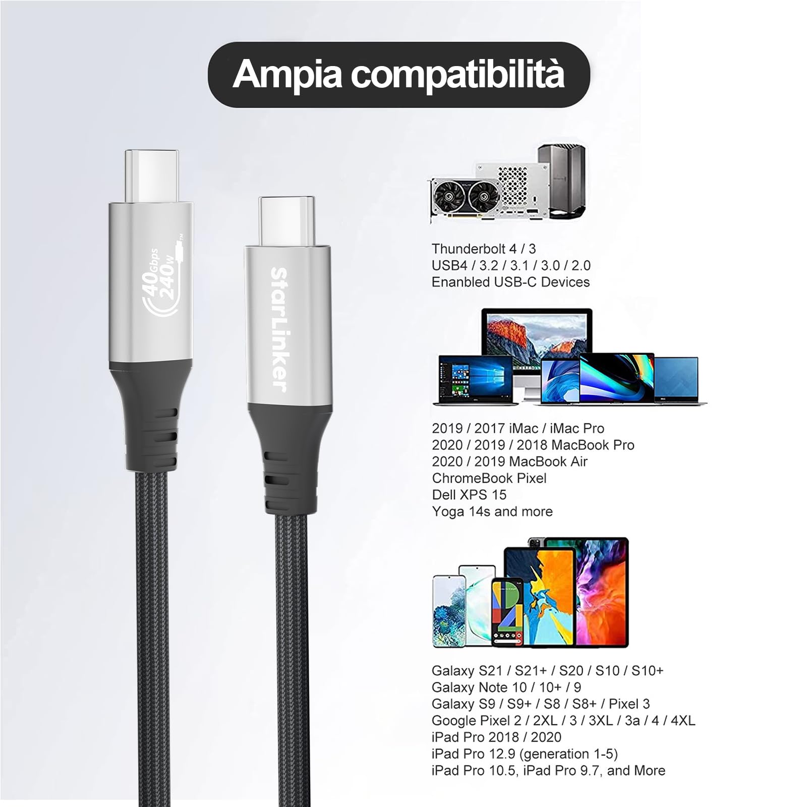 Cavo USB4 2m 240W [Certificato USB-IF] Ricarica PD, Supporta 40Gbps di Sincronizzazione Dati e 8K/5K@60HZ, Compatibile con Thunderbolt 4/3, USB3, USB C, MacBook, SSD, Monitor, Docking