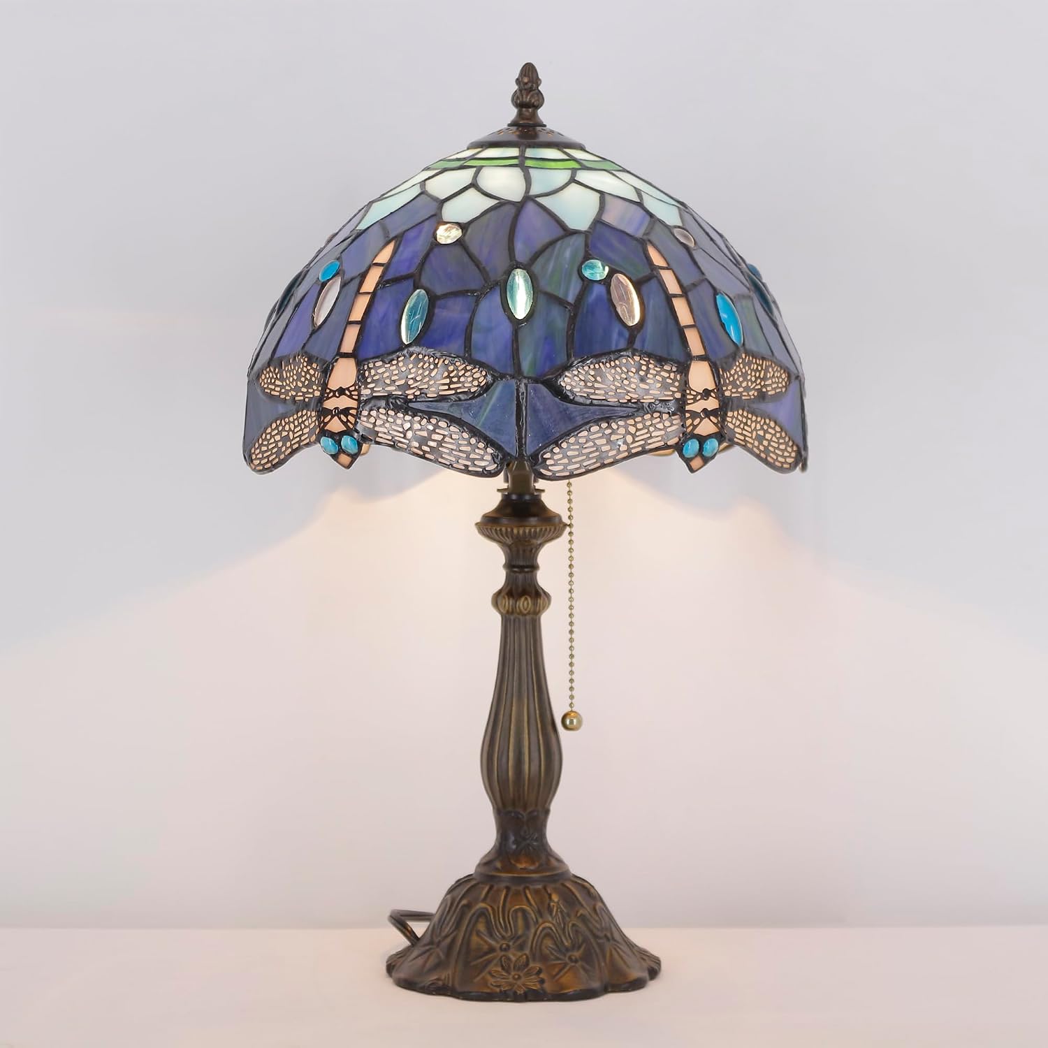 Tiffany Lamp Stained Glass Blue Dragonfly Style Table Lamp Desk Reading Light 12X12X19 Inches with Resin Base Decor Bedroom Living Room