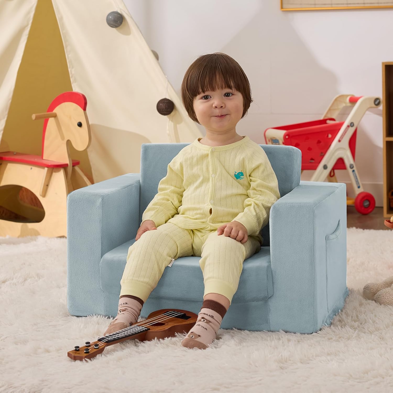 Zorvoxz Kids Couch, 2-in-1 Toddler Chair Comfy 1-3 Years, Convertible Kids Chair, Toddler Couch That Fold Out, Kid Lounge Chairs for Boys and Girls, Soft Coral Fleece, Blue Standard Light Blue