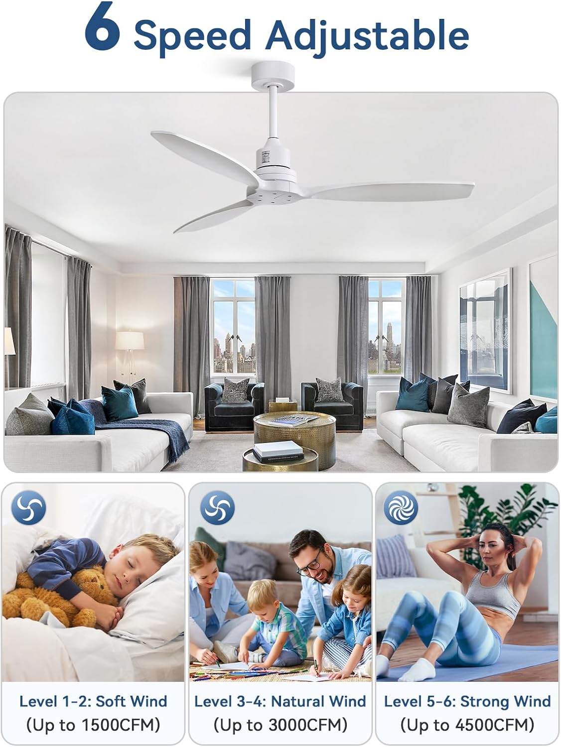 Sofucor Ceiling Fan without Lights, 52 Inch Low Profile Flush Mount Mordern Wood Ceiling Fan with Remote for Indoor Farmhouse Bedroom Living Room Outdoor Patio Porch, Reversible DC Motor, Noiseless