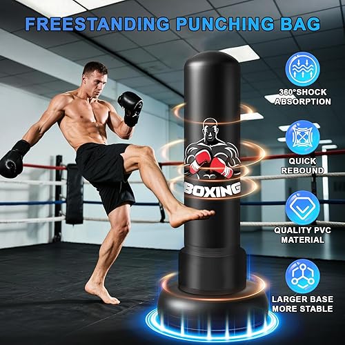 Miniatura 3 de Saco de boxeo para adultos con soporte, bolsa de boxeo pesada de 71 pulgadas con guantes de boxeo y bomba, bolsas de kickboxing para hombres,
