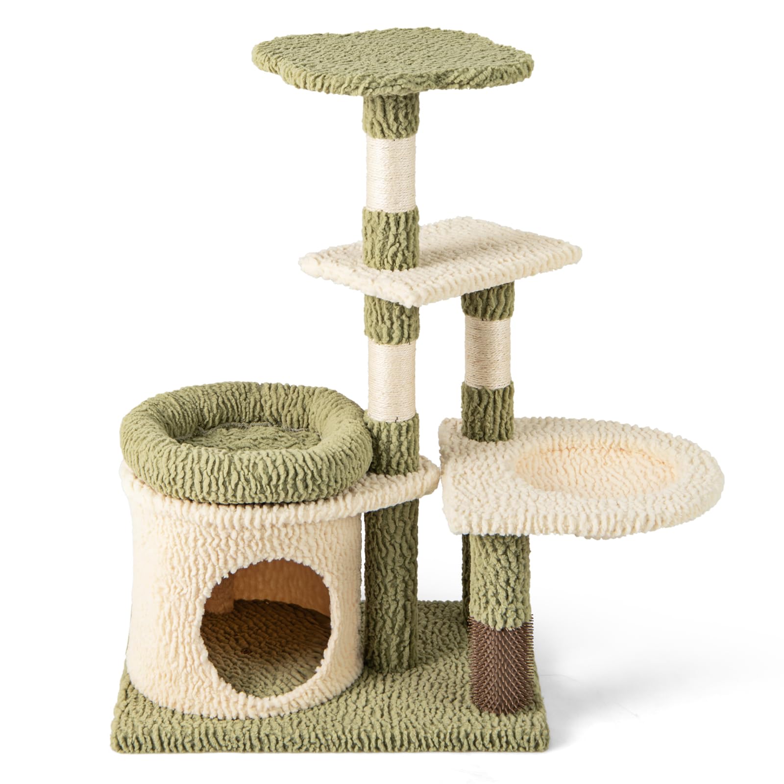 COSTWAY Cat Tree, 97cm Tall Cats Tower with Perch, Padded Plush Cushion, Condo, Side Basket, Sisal Scratching Posts & Self Groomer, Multi-level Kitty Activity Center for Indoor Cats