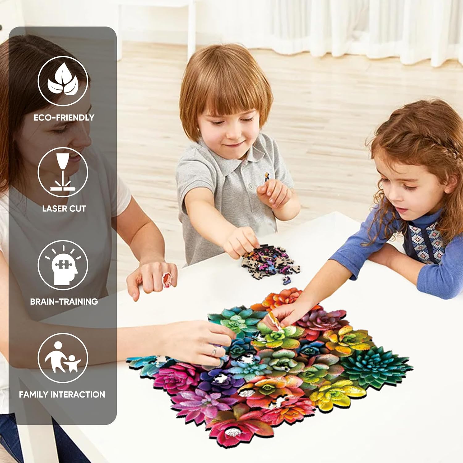Ruikiyart Wood Puzzle,5MM 200 Pieces Succulent Wooden Jigsaw Puzzles, Plant Unique Shapes Wood Puzzles Adult Brain Teaser Puzzles Challenge (11.2"*11.1")