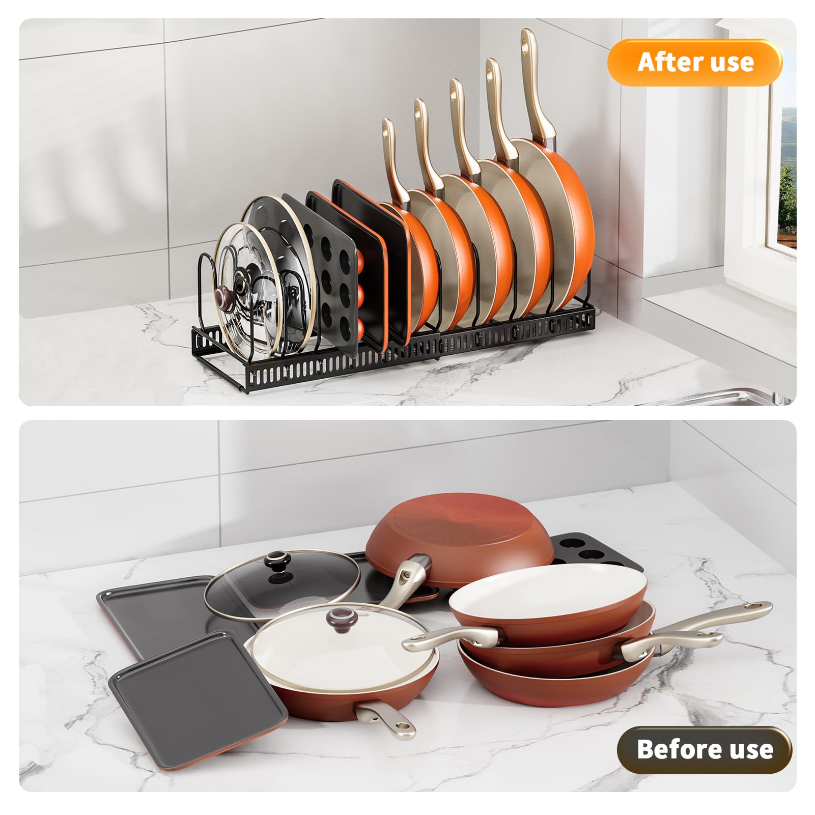 Organizador De Sartenes Y Ollas Extensible - Con 10 Separadores Y 2 Clips De Silicona - Ajustable De 30.5 A 56 Cm, Para Cajones O Estantes