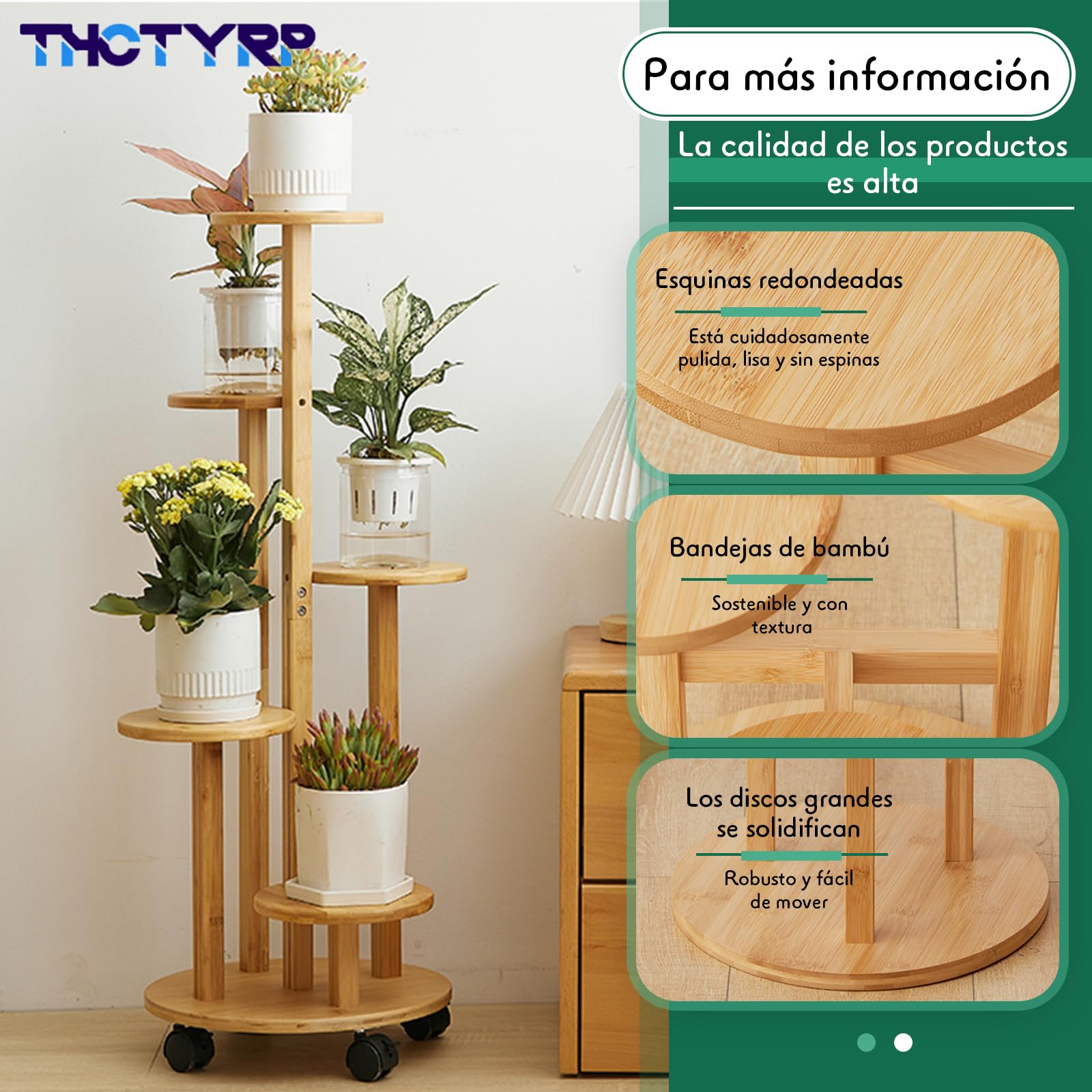 Soporte de flores de bambú alto y bajo, soporte para flores de disco, soporte para macetas de pothos con ruedas para balcón de sala de estar, soporte de flores de interior