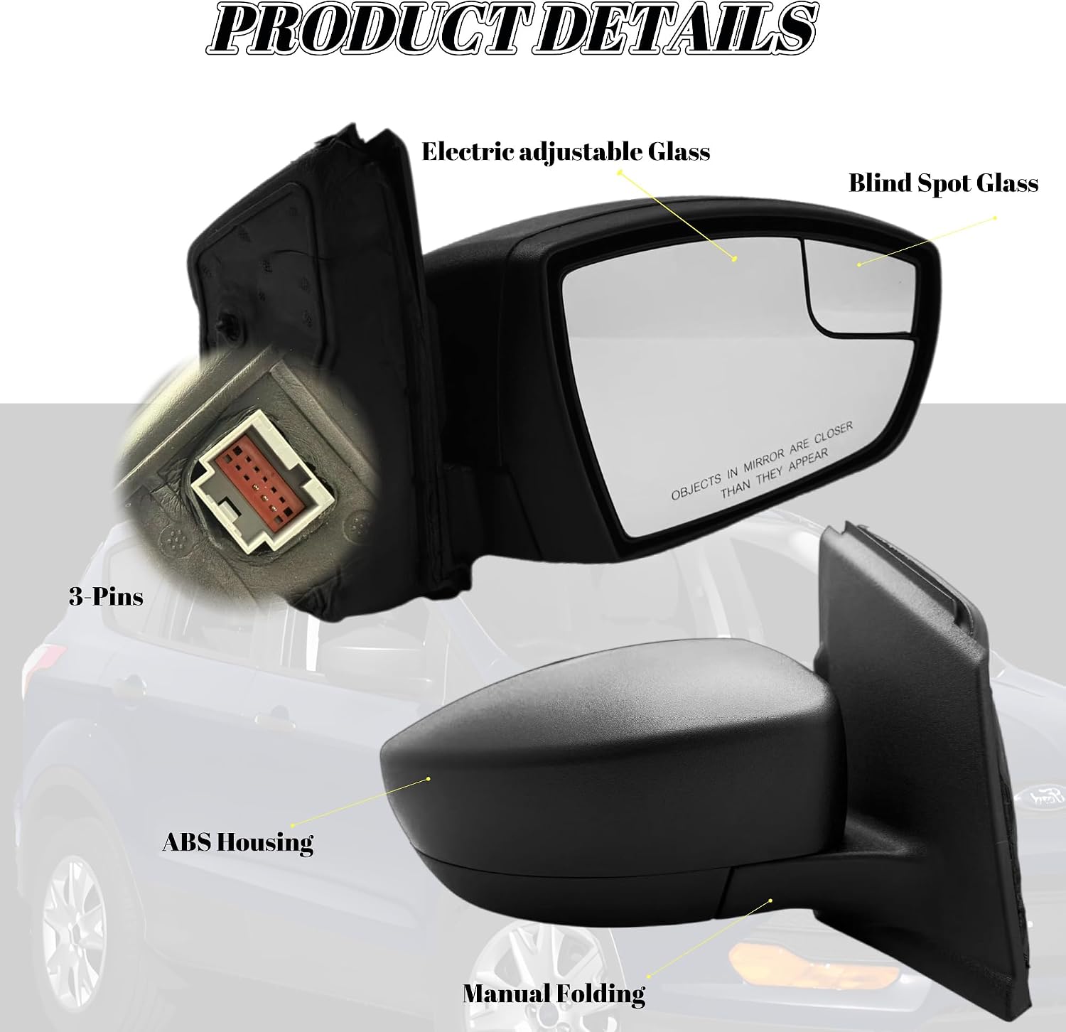 Passenger Side Mirror Compatible With 2013-2016 Ford Escape With Power Glass Manual Folding Texture Black Non-Heated Replace#CJ5Z17682BA