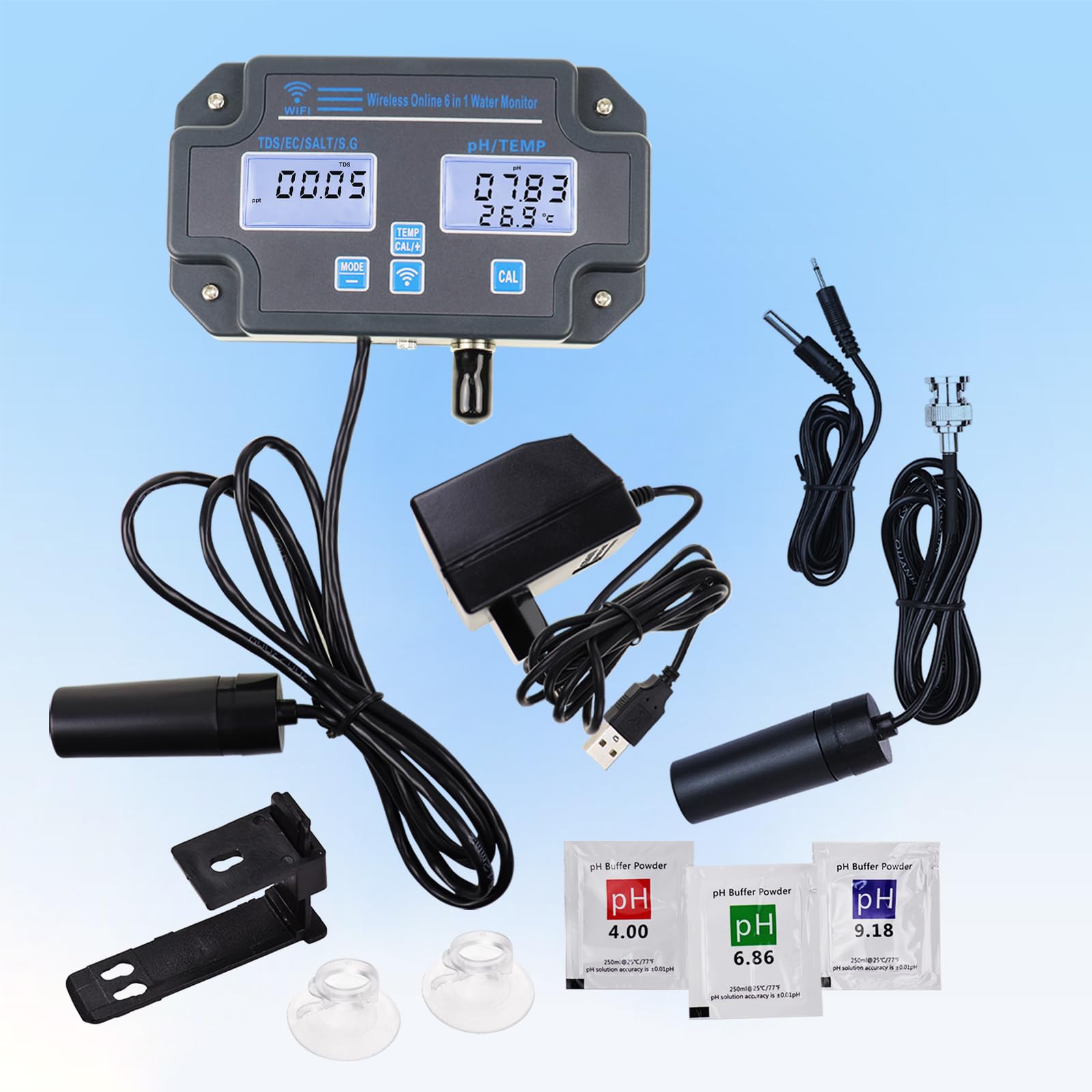Probador de calidad de agua WLAN, monitor de pH 6 en 1, mide pH/EC/TDS/salinidad/peso y temperatura, monitoreo de aplicaciones en línea las 24 horas y almacenamiento de curvas de datos, medidor de pH