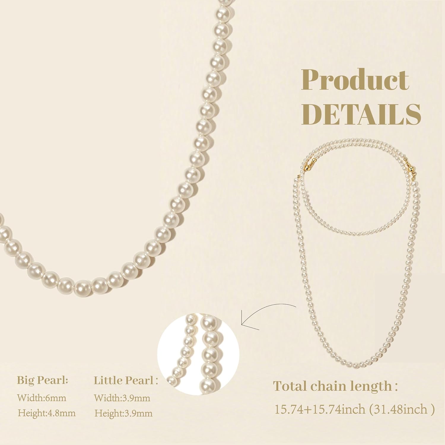Sylph 2Pcs Imitation Pearl Necklace for Women Long, 4mm/6mm Round Simulated Pearls Choker Strand Layered Necklaces 16Inch, Dainty Jewelry for Wedding