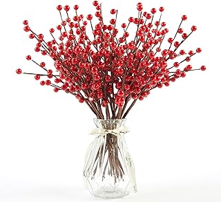 joyhalo 24 Pack Red Berry Stems - 12.6'' Holly Berry Stems, Red Berries Christmas Decor, Red Berry Picks for Christmas Tree Filler Branches, Artificial Cranberries Ornaments Crafts Holiday Home Decor