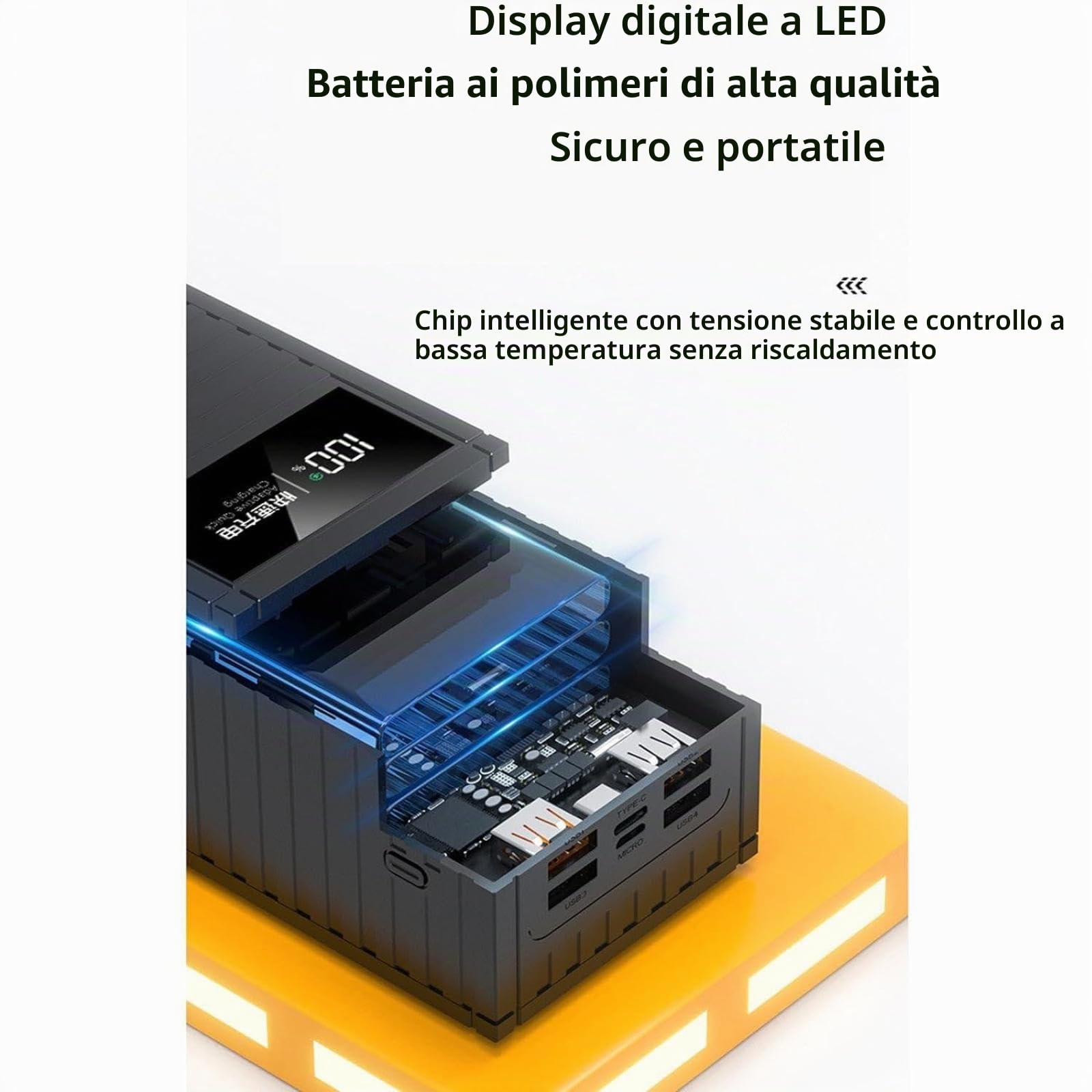 Power Bank/66 W ricarica super veloce 100000 mAh contenitore con display digitale Power bank 1w20.000 alimentatore mobile di grande capacità per esterni (20000 mAh/giallo)