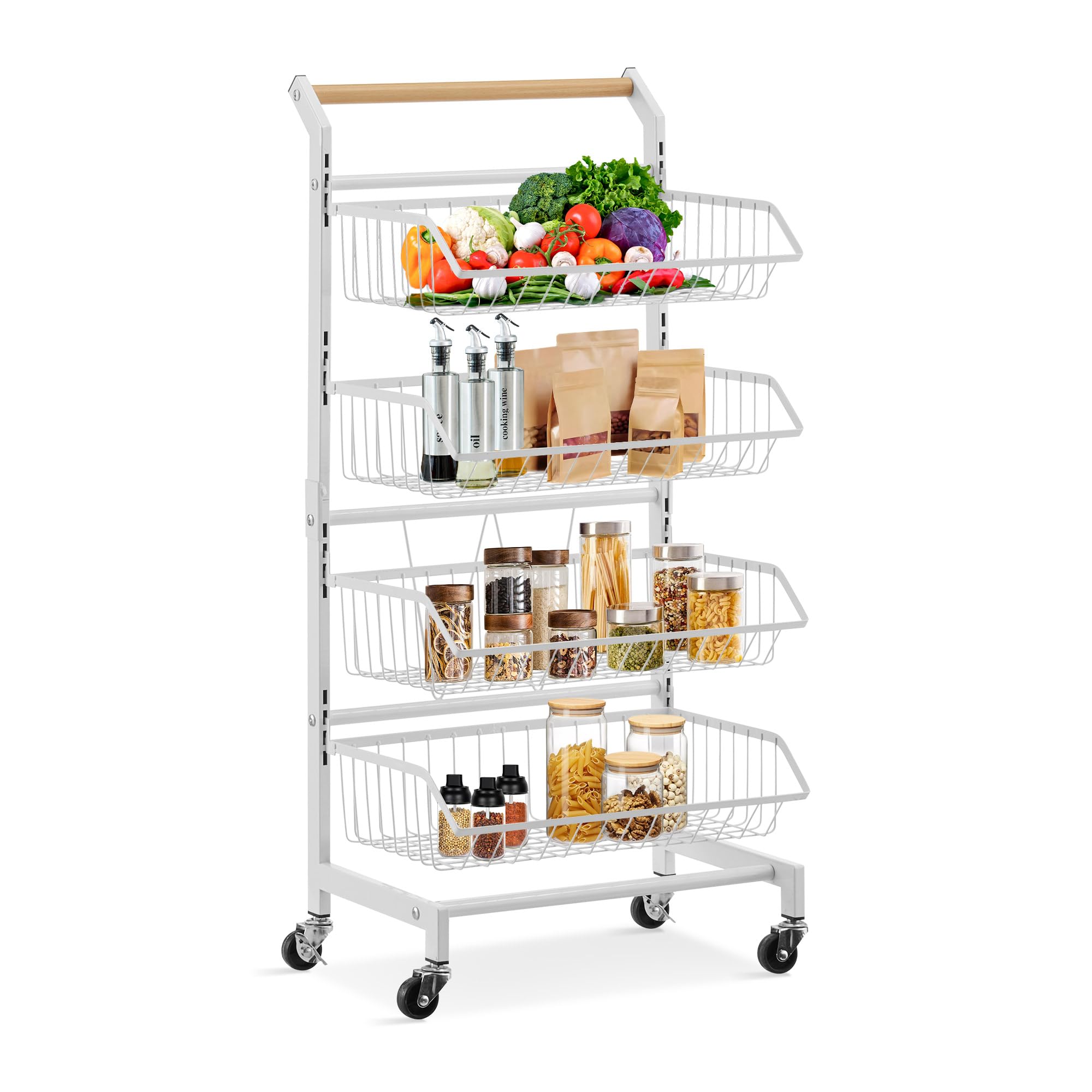 CLIPOP Gemüseregal, Korbregal für Küche, 4 Etagen Abnehmbar Obstkorb Gemüse Aufbewahrung mit Abschließbaren Rollen, Aufbewahrungswagen Küchen Wagen Regal für Badezimmer,Küche,Büro,Supermarkt (Weiß)