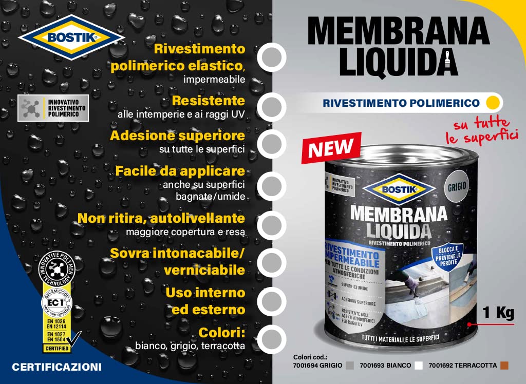 Bostik Membrana Liquida Rivestimento Polimerico impermeabilizzante elastico Bianco Latta 1kg & Membrana Liquida Rivestimento Polimerico impermeabilizzante elastico Grigio Latta 1kg
